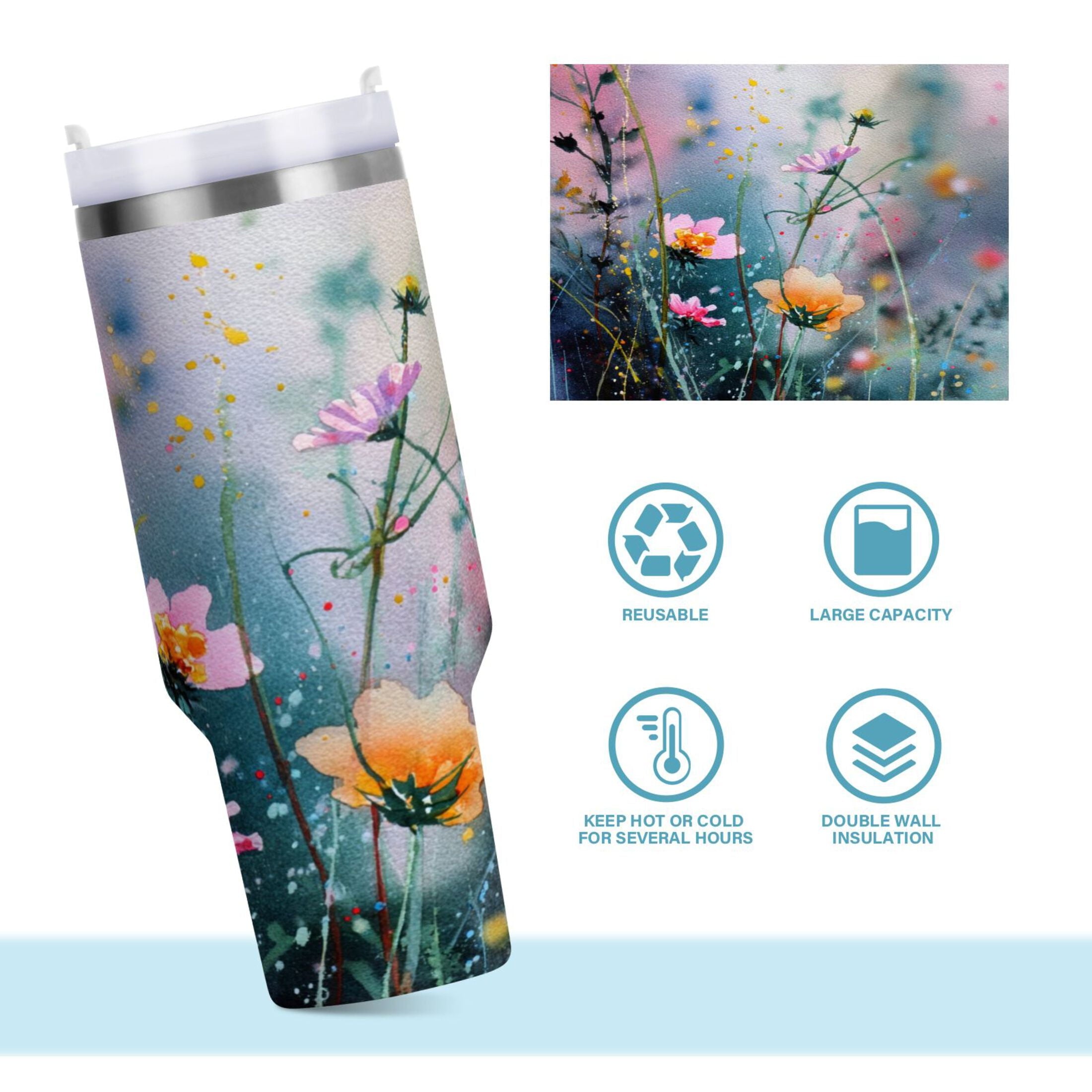 40 oz Insulated Stainless Steel Tumbler Double Wall Stainless Steel Tumbler with 2-Way Drinking Abstract Wildflowers C504S