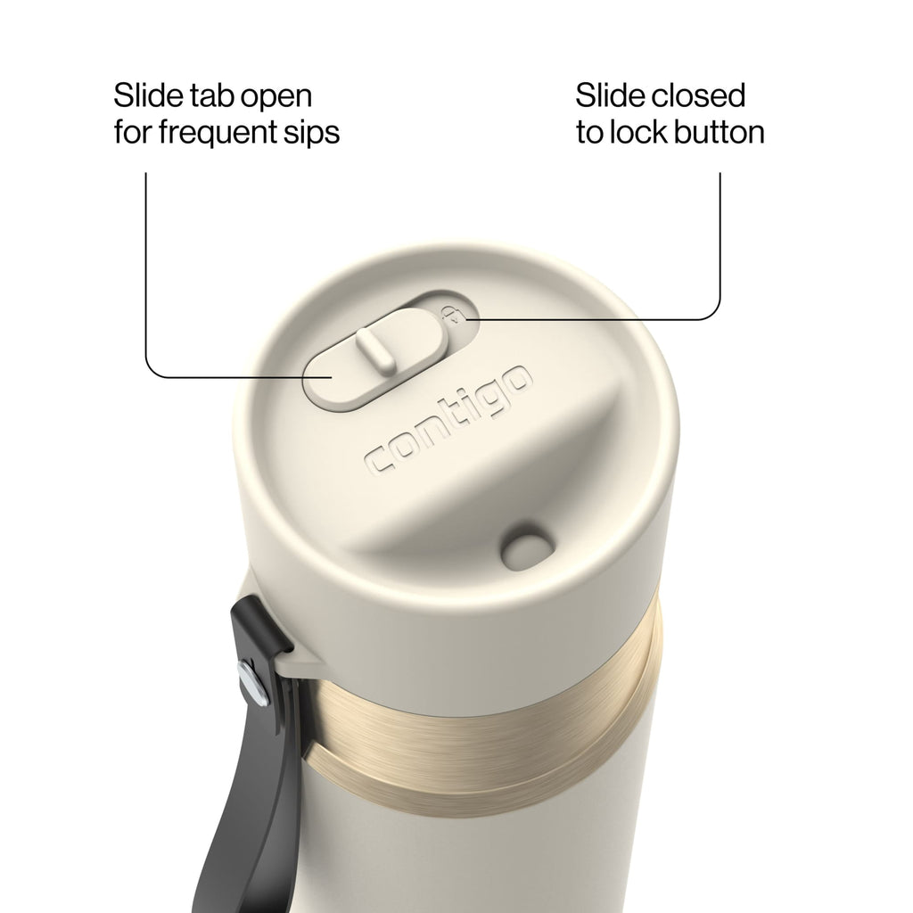 Contigo AutoSeal Leakproof Stainless Steel Reusable Water Bottle Tumbler with Carrying Strap, Cream/Champagne, 24 oz C019J