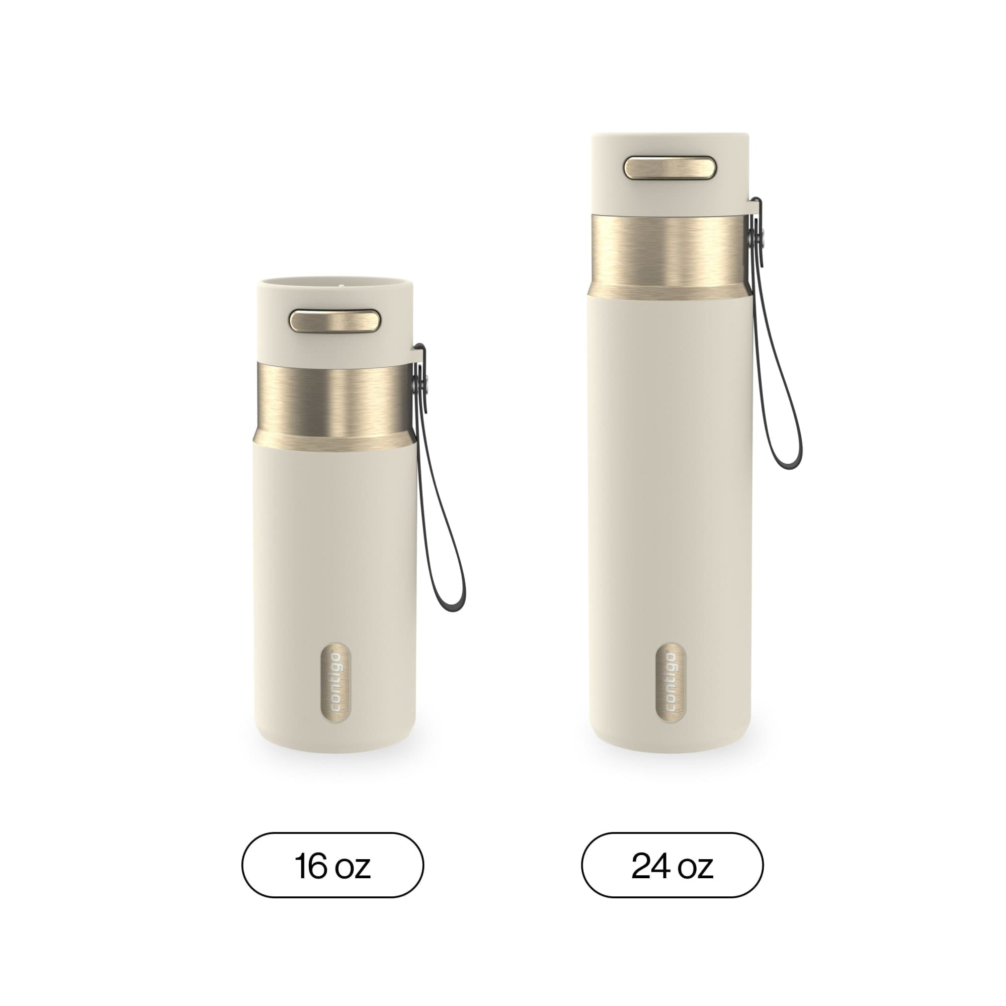 Contigo AutoSeal Leakproof Stainless Steel Reusable Water Bottle Tumbler with Carrying Strap, Cream/Champagne, 24 oz C019J