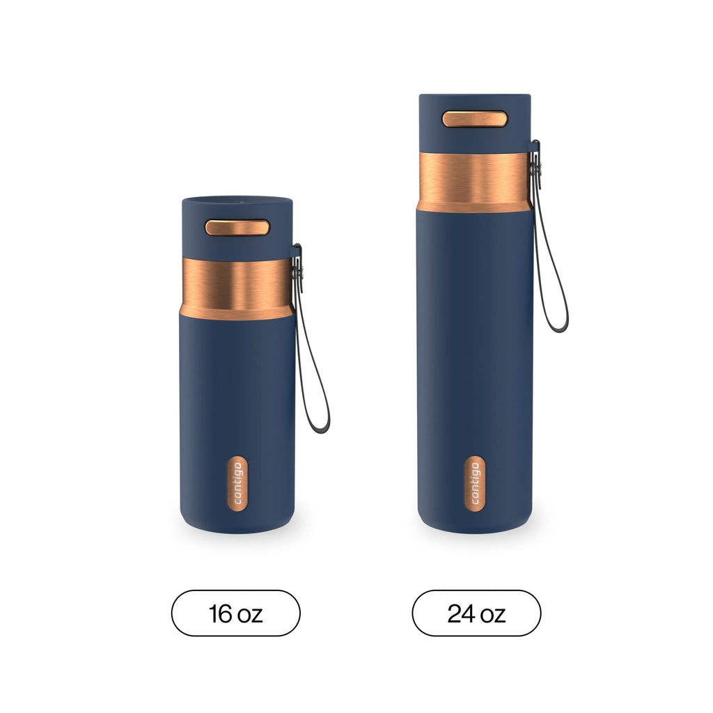Contigo AutoSeal Leakproof Stainless Steel Reusable Water Bottle Tumbler with Carrying Strap, Cream/Champagne, 24 oz C019J