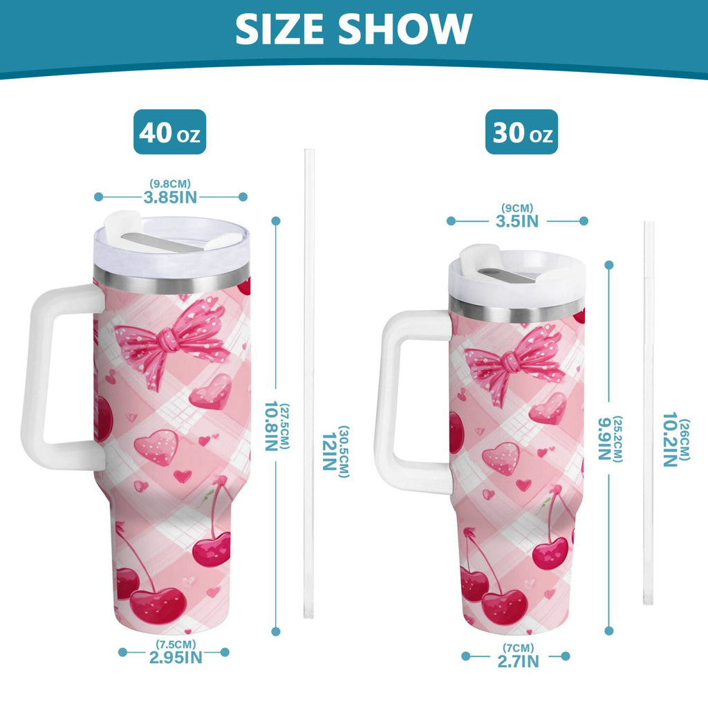 30 oz Insulated Stainless Steel Tumbler Double Wall Stainless Steel Tumbler with 2-Way Drinking Cherry and Pink Bow Pattern C617C