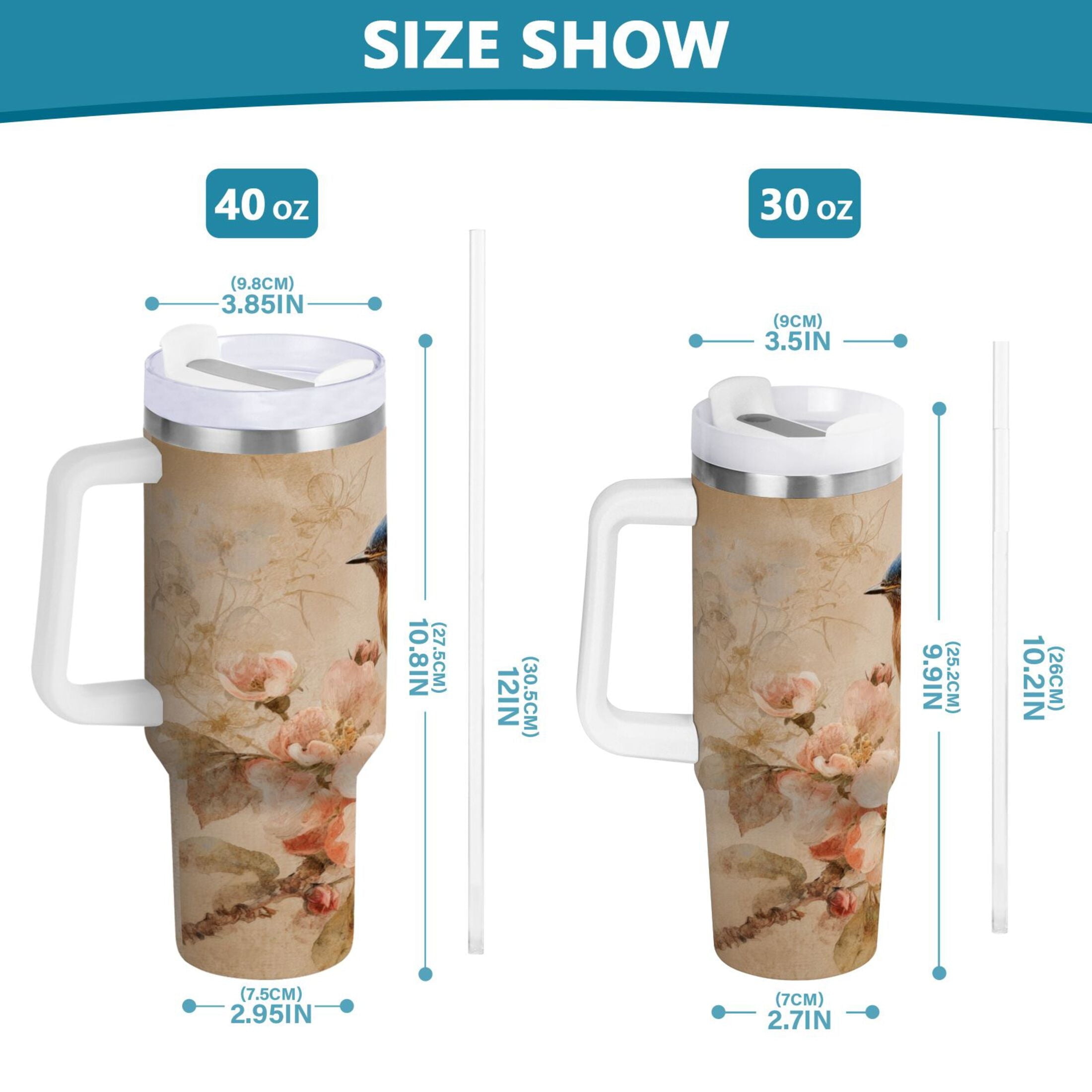 40 oz Insulated Stainless Steel Tumbler Double Wall Stainless Steel Tumbler with 2-Way Drinking Bluebird and Ancient Flowers C574Z