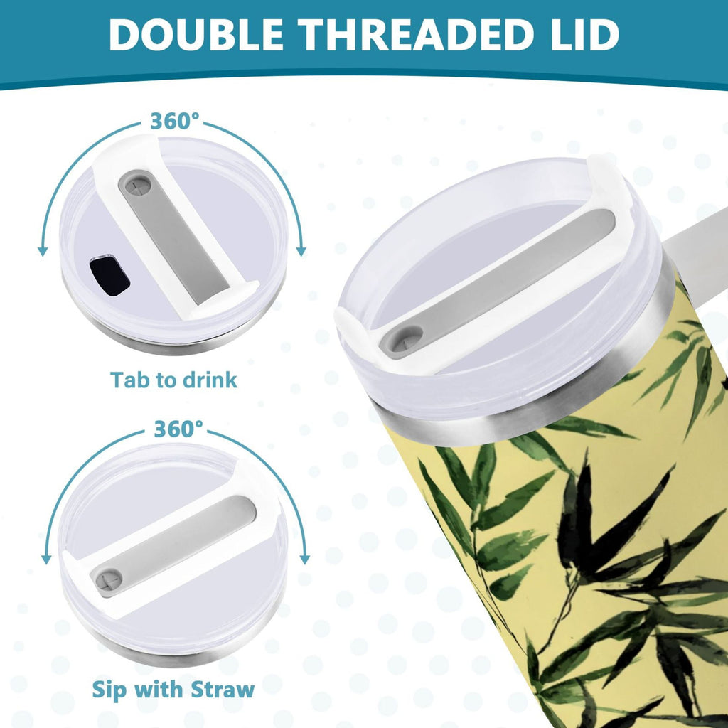 30 oz Insulated Stainless Steel Tumbler Double Wall Stainless Steel Tumbler with 2-Way Drinking Bamboo and Green Leaves C633Y