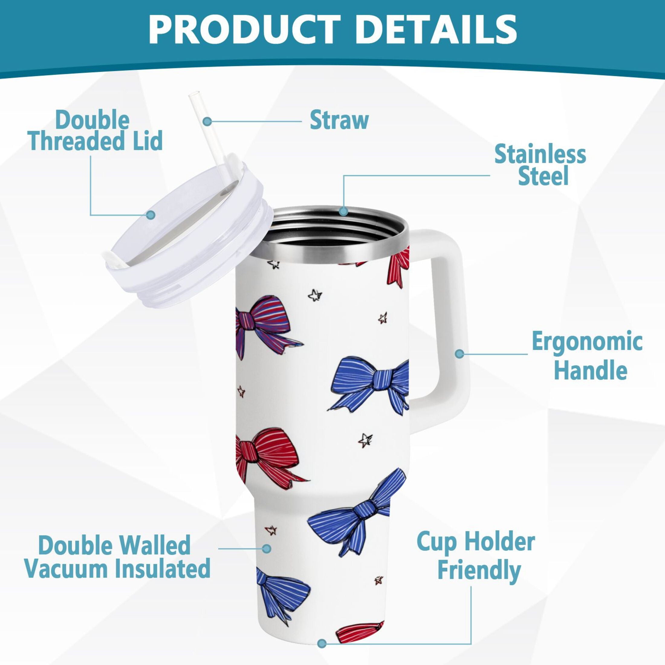 30 oz Insulated Stainless Steel Tumbler Double Wall Stainless Steel Tumbler with 2-Way Drinking Red and Blue Stripe Bows C656Q