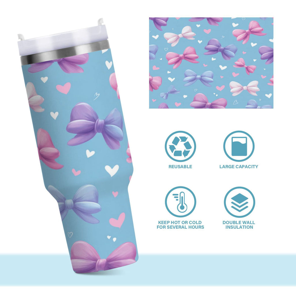 30 oz Insulated Stainless Steel Tumbler Double Wall Stainless Steel Tumbler with 2-Way Drinking Pink and Purple Bows C526T