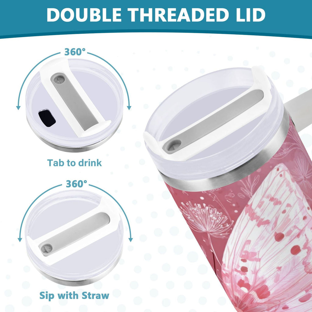 30 oz Insulated Stainless Steel Tumbler Double Wall Stainless Steel Tumbler with 2-Way Drinking Soft Pink Butterfly C561Z