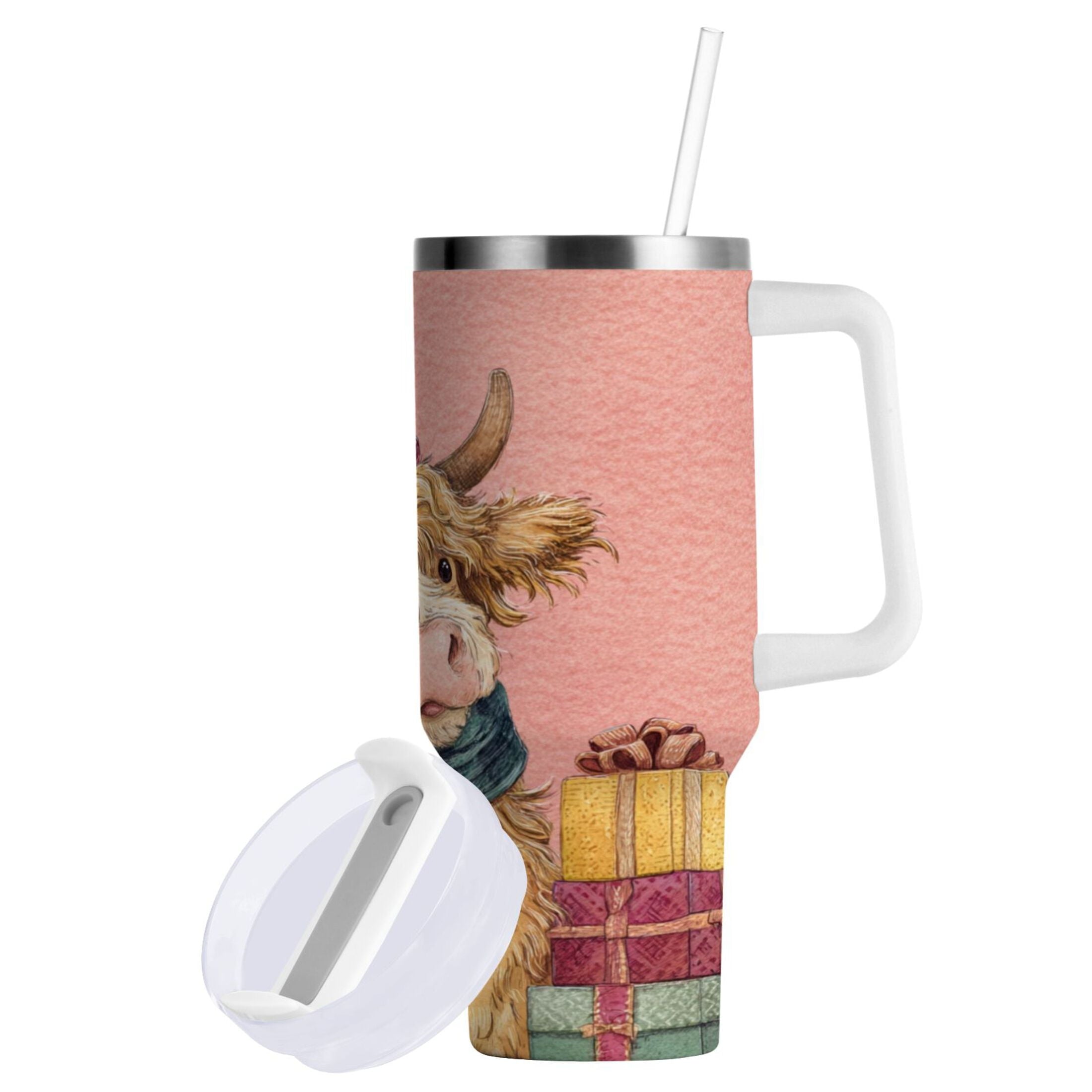 30 oz Insulated Stainless Steel Tumbler Double Wall Stainless Steel Tumbler with 2-Way Drinking Cow Wearing Scarf and Hat C663M