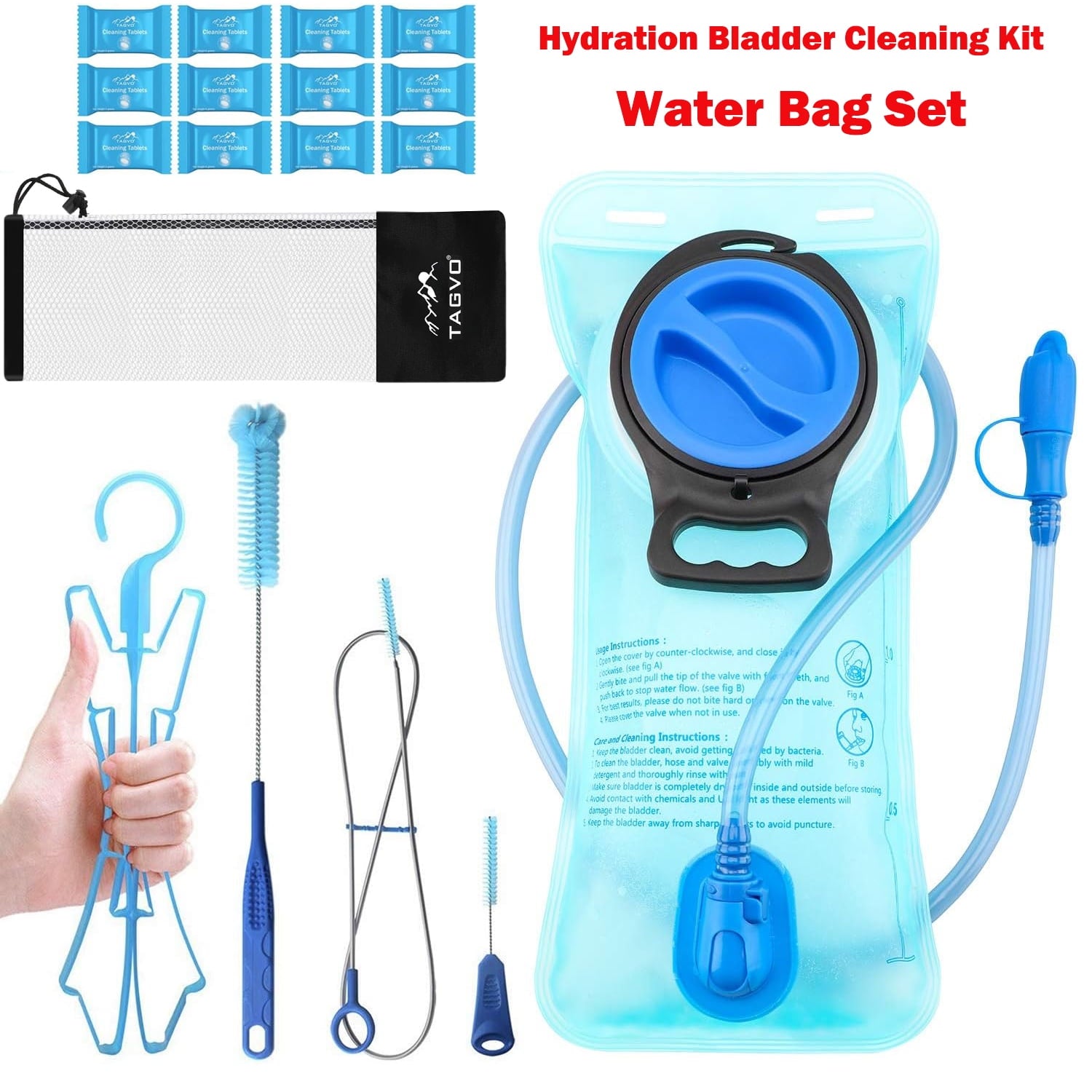 TAGVO Hydration Bladder 2 Liter BPA Free 70oz + Cleaning Brushes Kit, Leakproof Water Bladder Travel Reservoir Hydration Bag, Easy Cleaning by 3 Brushes and Air Drying by Collapsible Frame C383F