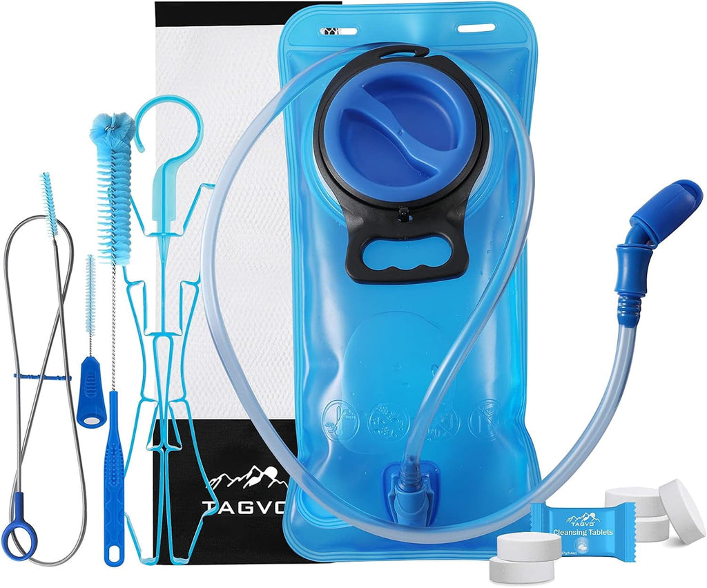 TAGVO Hydration Bladder 2 Liter BPA Free 70oz + Cleaning Brushes Kit, Leakproof Water Bladder Travel Reservoir Hydration Bag, Easy Cleaning by 3 Brushes and Air Drying by Collapsible Frame C383F