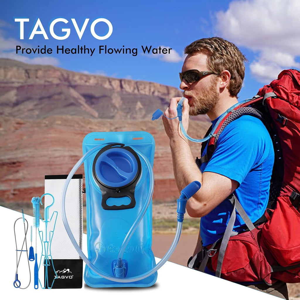 TAGVO Hydration Bladder 2 Liter BPA Free 70oz + Cleaning Brushes Kit, Leakproof Water Bladder Travel Reservoir Hydration Bag, Easy Cleaning by 3 Brushes and Air Drying by Collapsible Frame C383F
