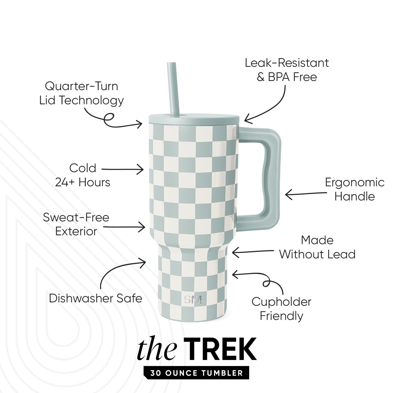 Simple Modern 30 fl oz Insulated Stainless Steel Trek Tumbler with Straw Lid | Seaglass Sage and Cream Checkmate C690C
