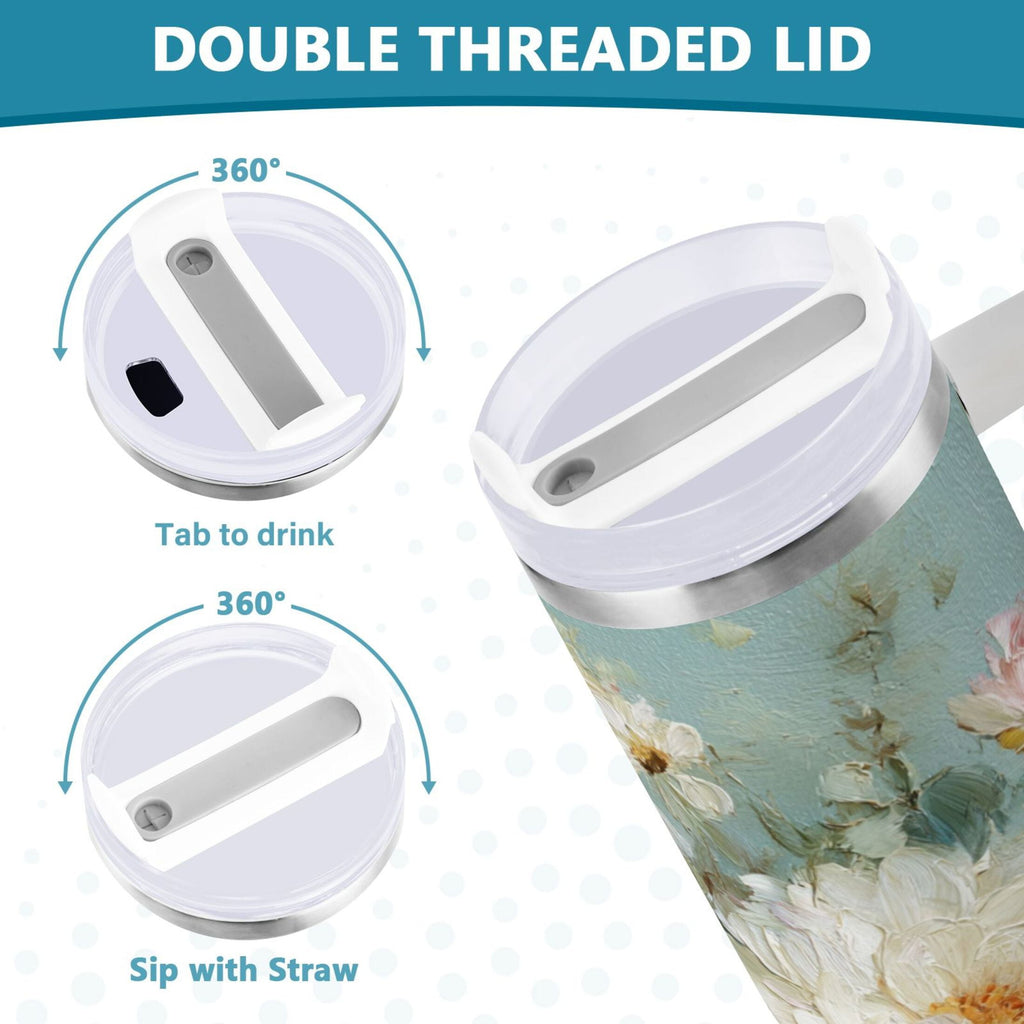 40 oz Insulated Stainless Steel Tumbler Double Wall Stainless Steel Tumbler with 2-Way Drinking Vintage Peonies and Daisies C677V