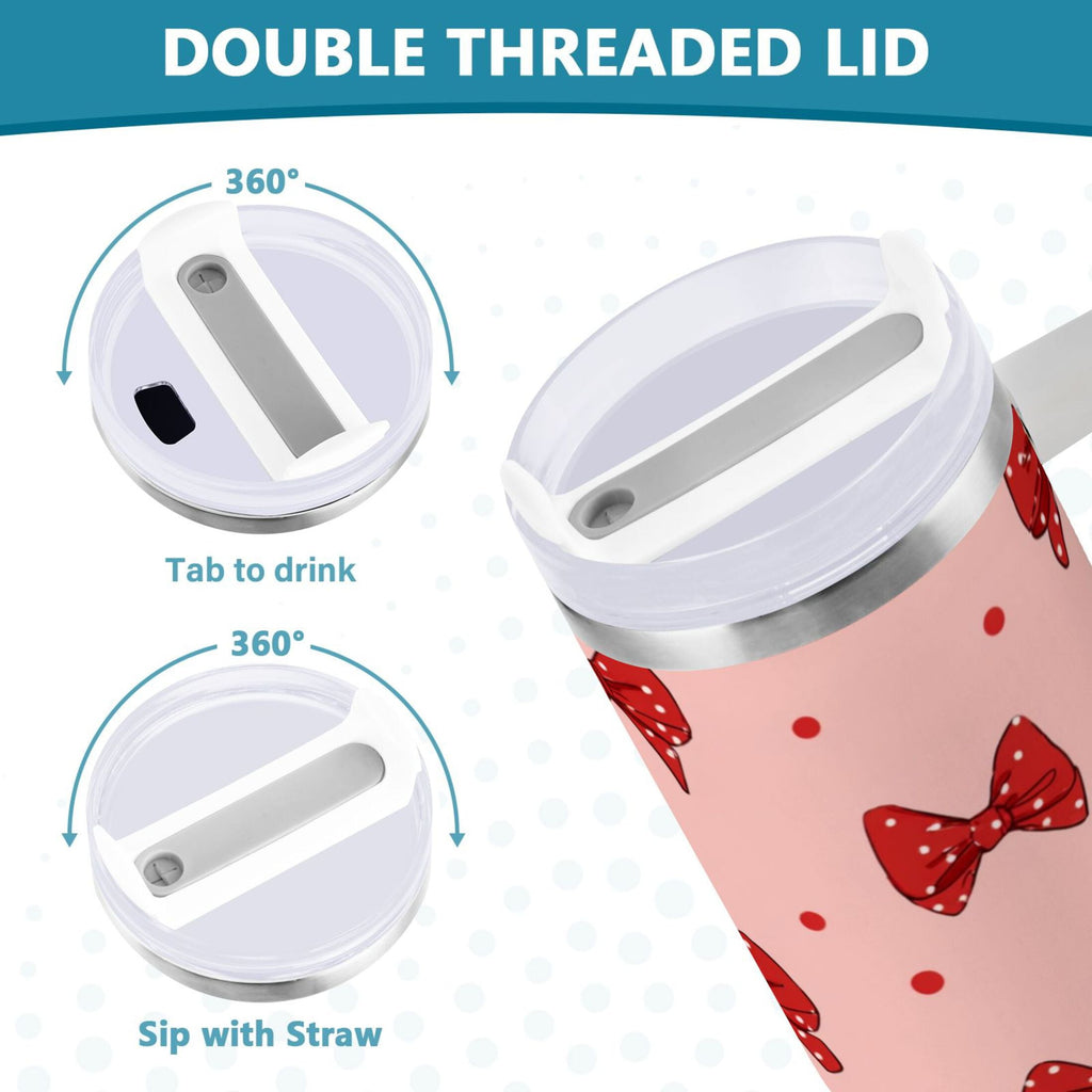 40 oz Insulated Stainless Steel Tumbler Double Wall Stainless Steel Tumbler with 2-Way Drinking Red Bows and Polka Dots C531M