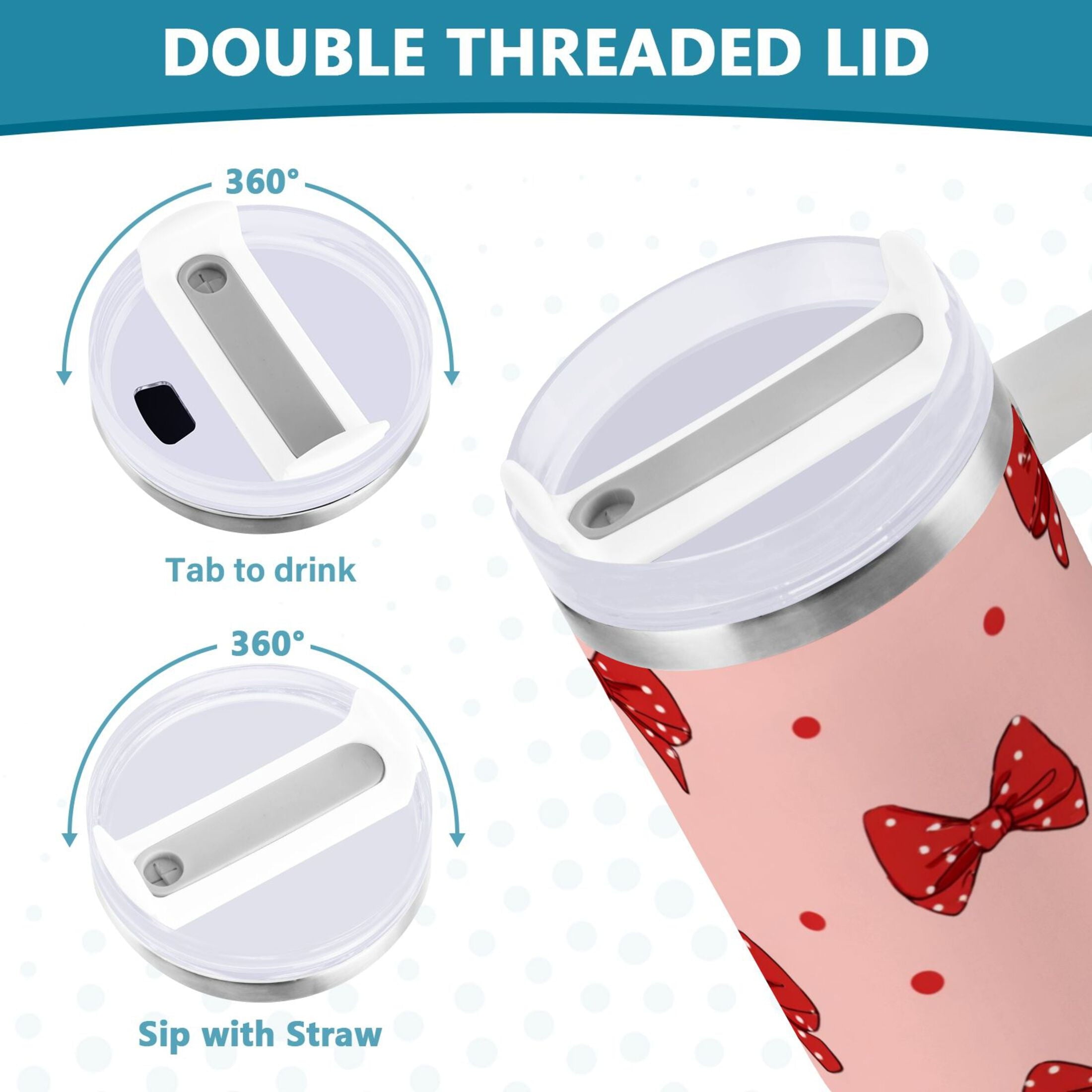 40 oz Insulated Stainless Steel Tumbler Double Wall Stainless Steel Tumbler with 2-Way Drinking Red Bows and Polka Dots C531M