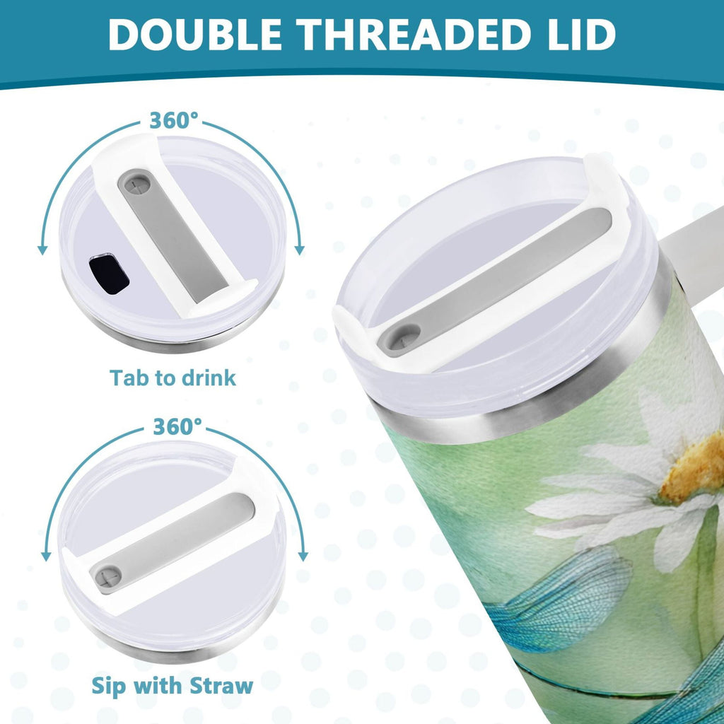 30 oz Insulated Stainless Steel Tumbler Double Wall Stainless Steel Tumbler with 2-Way Drinking Beautiful Dragonflies and Daisies C638G