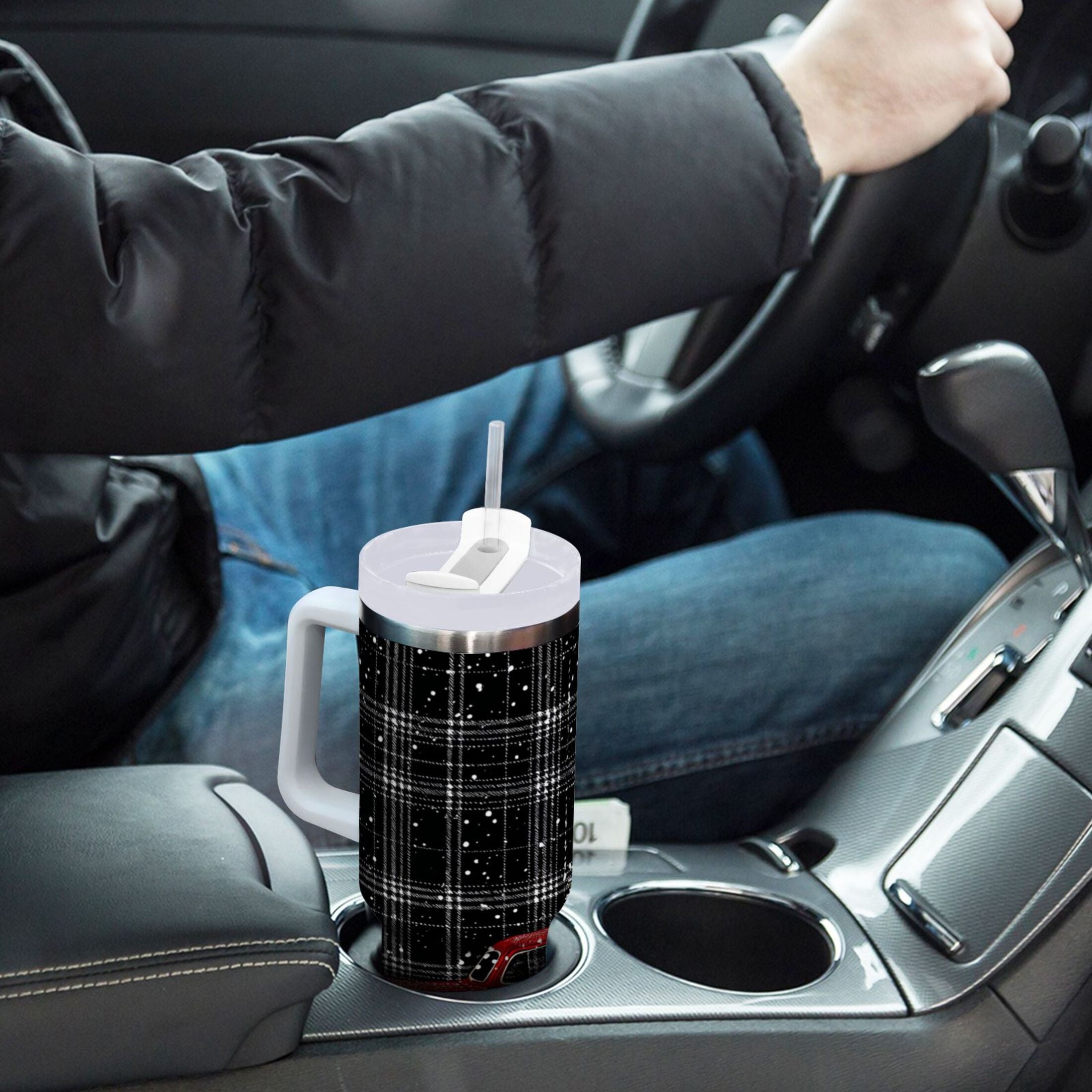 40 oz Insulated Stainless Steel Tumbler Double Wall Stainless Steel Tumbler with 2-Way Drinking Red Truck with Christmas Tree C669P
