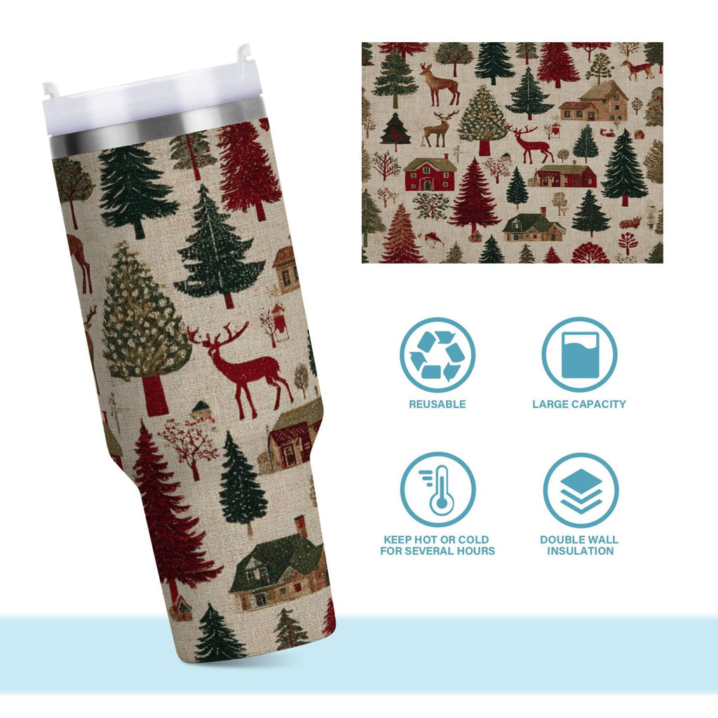 30 oz Insulated Stainless Steel Tumbler Double Wall Stainless Steel Tumbler with 2-Way Drinking Christmas Trees Deer and Houses C577W