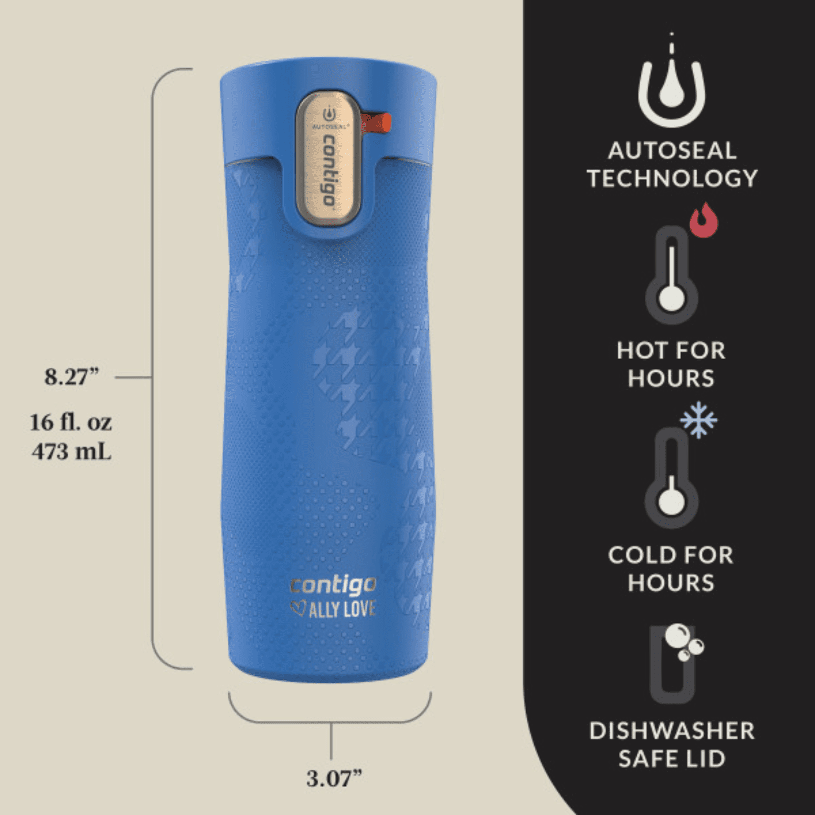 Contigo x Ally Love Autoseal West Loop Vacuum-Insulated Stainless Steel Travel Mug with Easy-Clean Lid, 16 oz, Stellar Jay C028F
