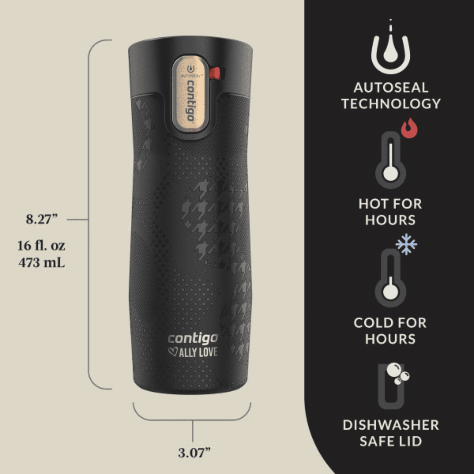 Contigo x Ally Love Autoseal West Loop Vacuum-Insulated Stainless Steel Travel Mug with Easy-Clean Lid, 16 oz, Stellar Jay C028F