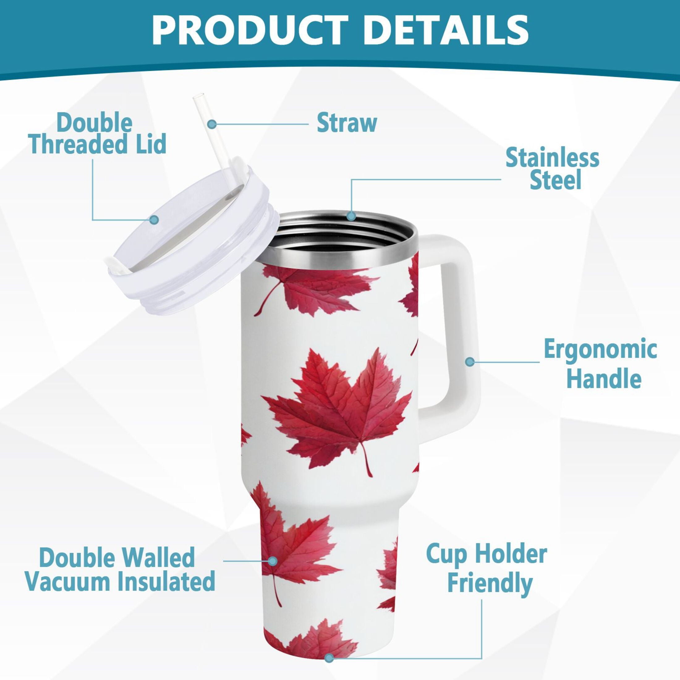 30 oz Insulated Stainless Steel Tumbler Double Wall Stainless Steel Tumbler with 2-Way Drinking Red Maple Leaves C493J