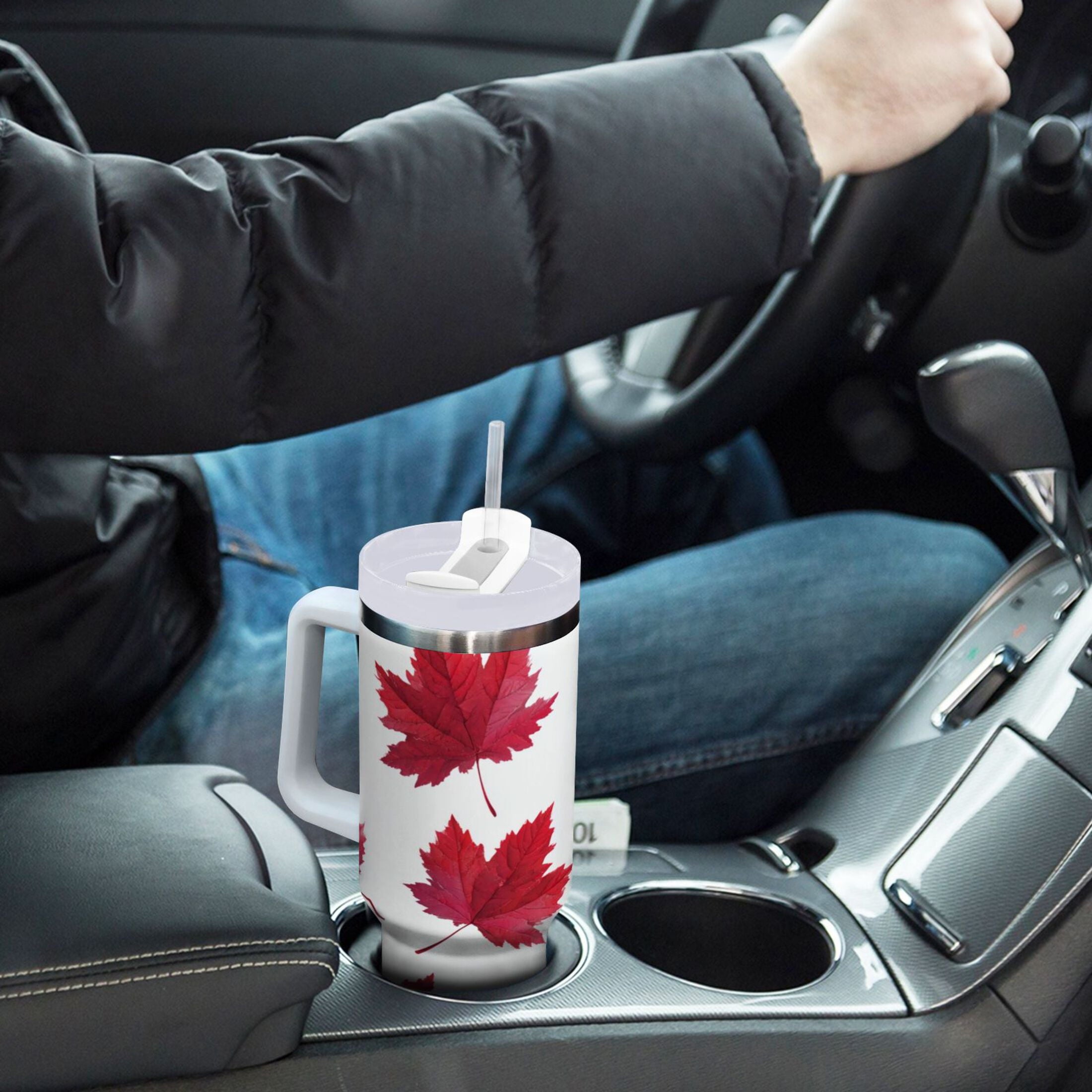 30 oz Insulated Stainless Steel Tumbler Double Wall Stainless Steel Tumbler with 2-Way Drinking Red Maple Leaves C493J