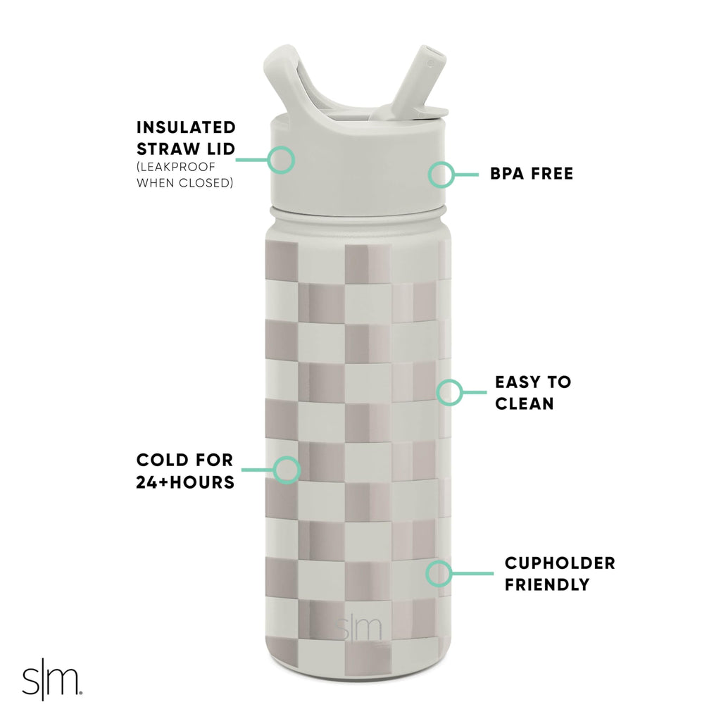 Simple Modern Kids Water Bottle with Straw Lid Vacuum Insulated Stainless Steel Metal Thermos Bottles | Reusable Leak Proof BPA-Free Flask for School | Summit Collection | 18oz, Checkmate C433X