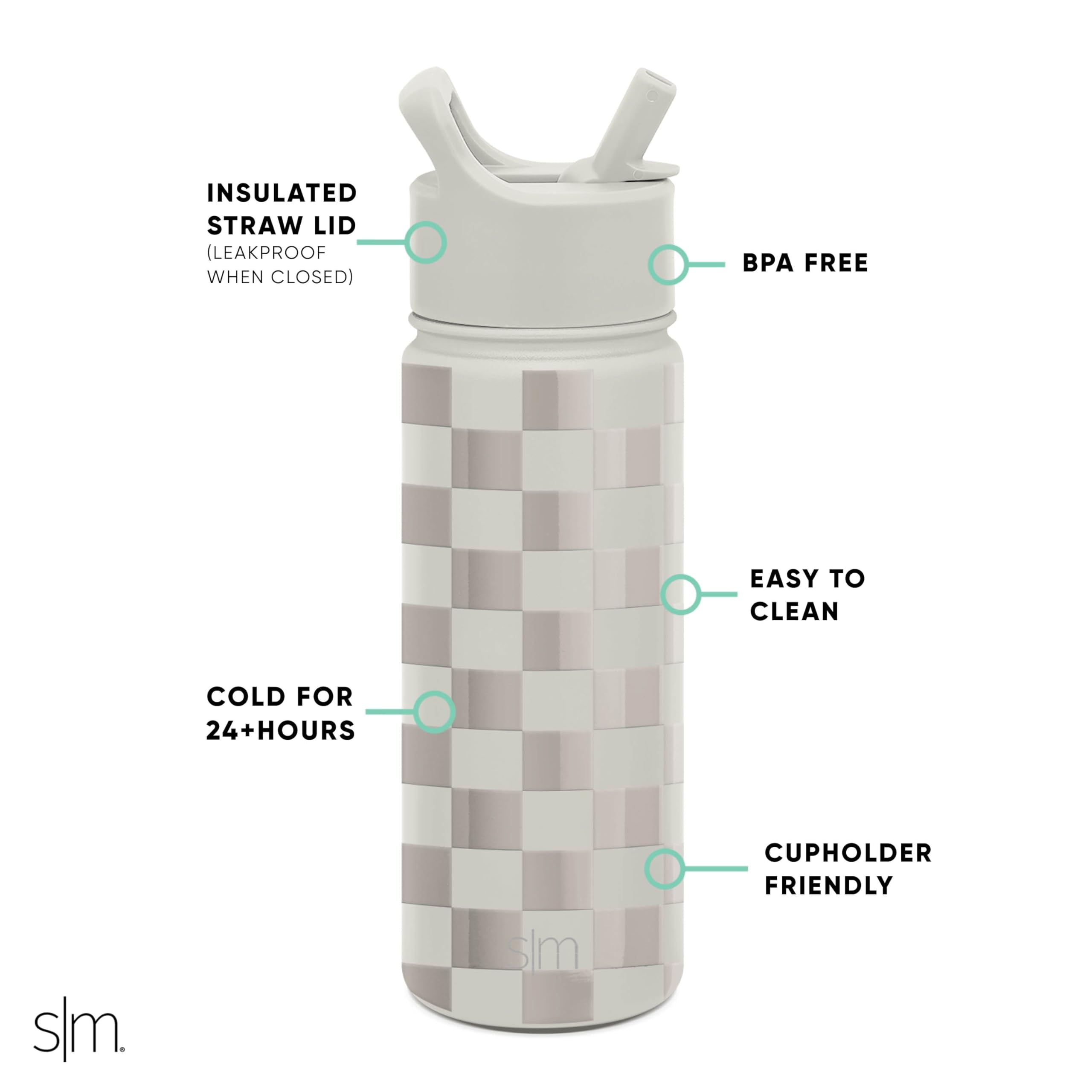Simple Modern Kids Water Bottle with Straw Lid Vacuum Insulated Stainless Steel Metal Thermos Bottles | Reusable Leak Proof BPA-Free Flask for School | Summit Collection | 18oz, Checkmate C433X