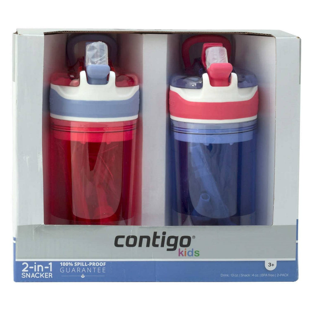 Contigo Kids 2-in-1 Snack Hero Tumbler Featuring 4oz Snack Holder Stacked on Top of 13oz Water Bottle - BPA Free, Durable Tritan w/Flexible Carry Handle &amp; Spill-Proof Valve, Purple &amp; Pink – 2 Pack C040Z