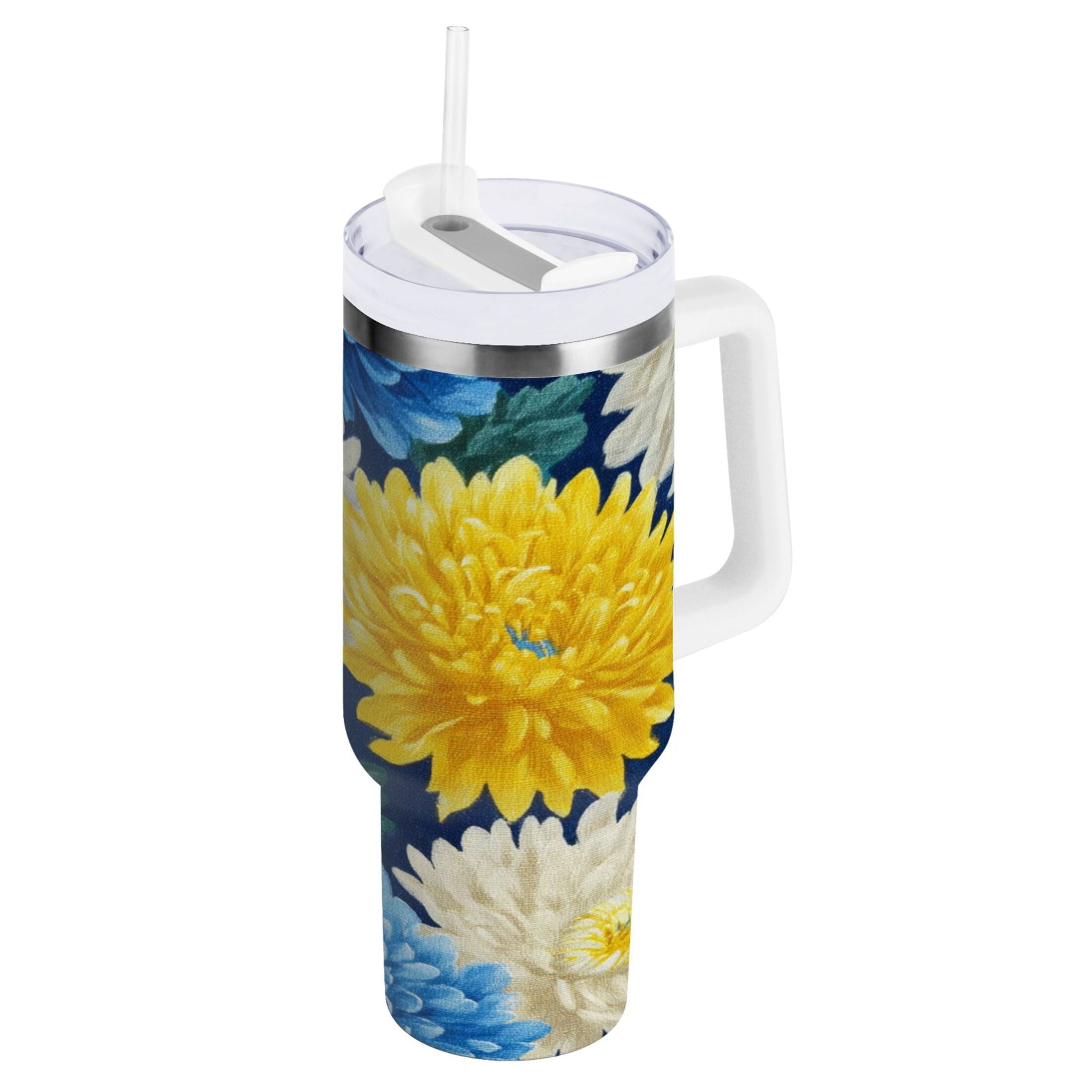 30 oz Insulated Stainless Steel Tumbler Double Wall Stainless Steel Tumbler with 2-Way Drinking Yellow and White Chrysanthemum C469Z