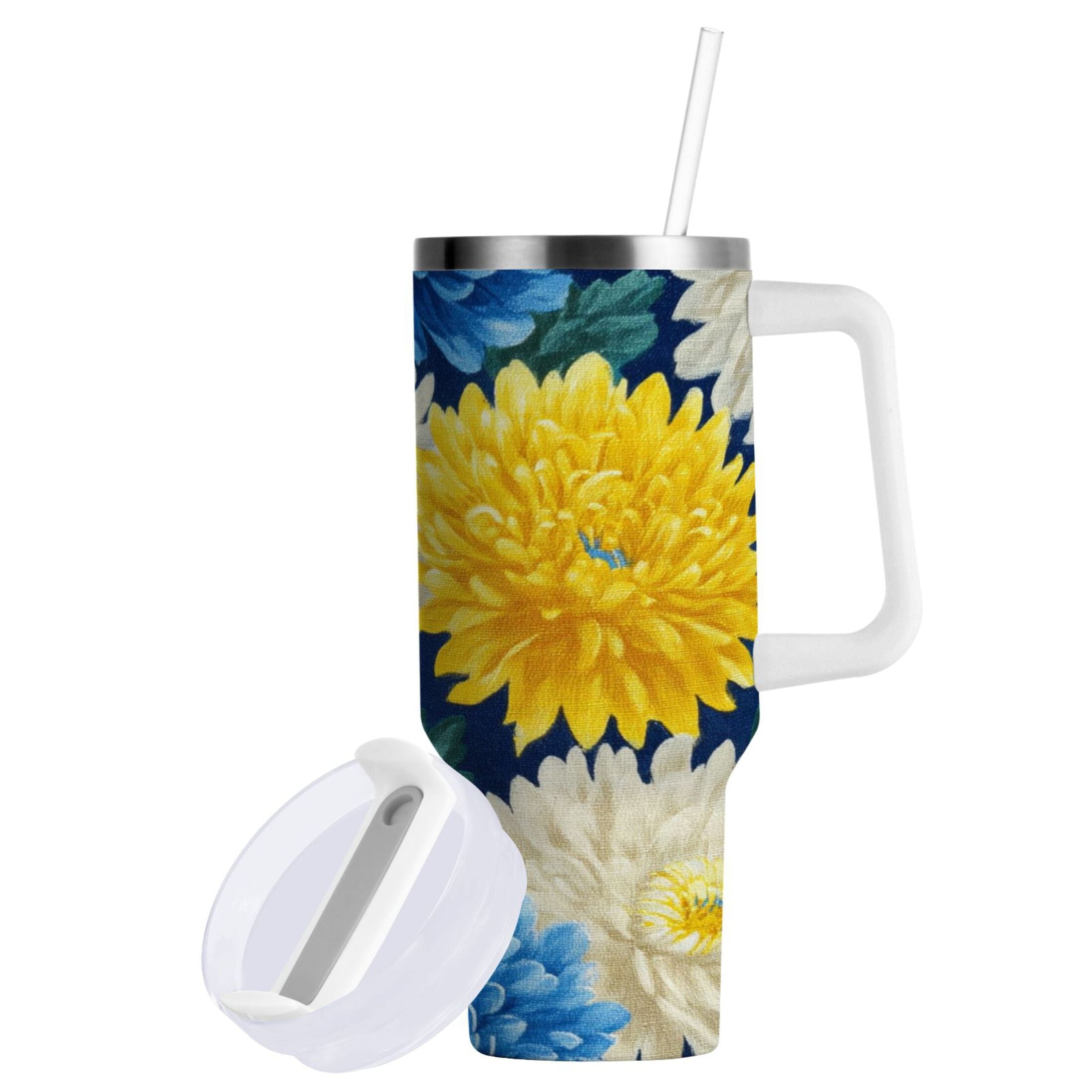 30 oz Insulated Stainless Steel Tumbler Double Wall Stainless Steel Tumbler with 2-Way Drinking Yellow and White Chrysanthemum C469Z