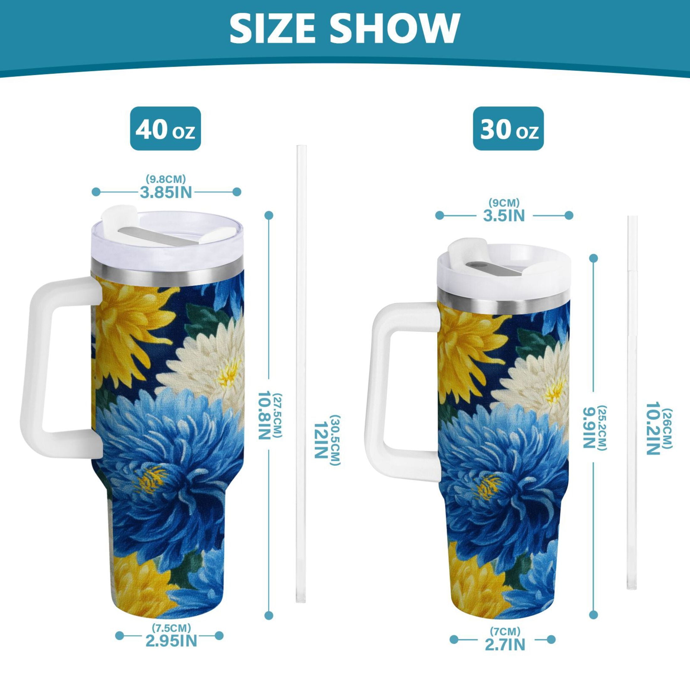 30 oz Insulated Stainless Steel Tumbler Double Wall Stainless Steel Tumbler with 2-Way Drinking Yellow and White Chrysanthemum C469Z