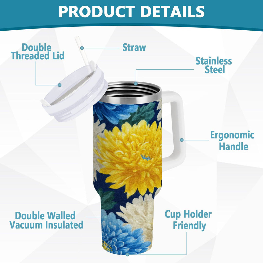 30 oz Insulated Stainless Steel Tumbler Double Wall Stainless Steel Tumbler with 2-Way Drinking Yellow and White Chrysanthemum C469Z