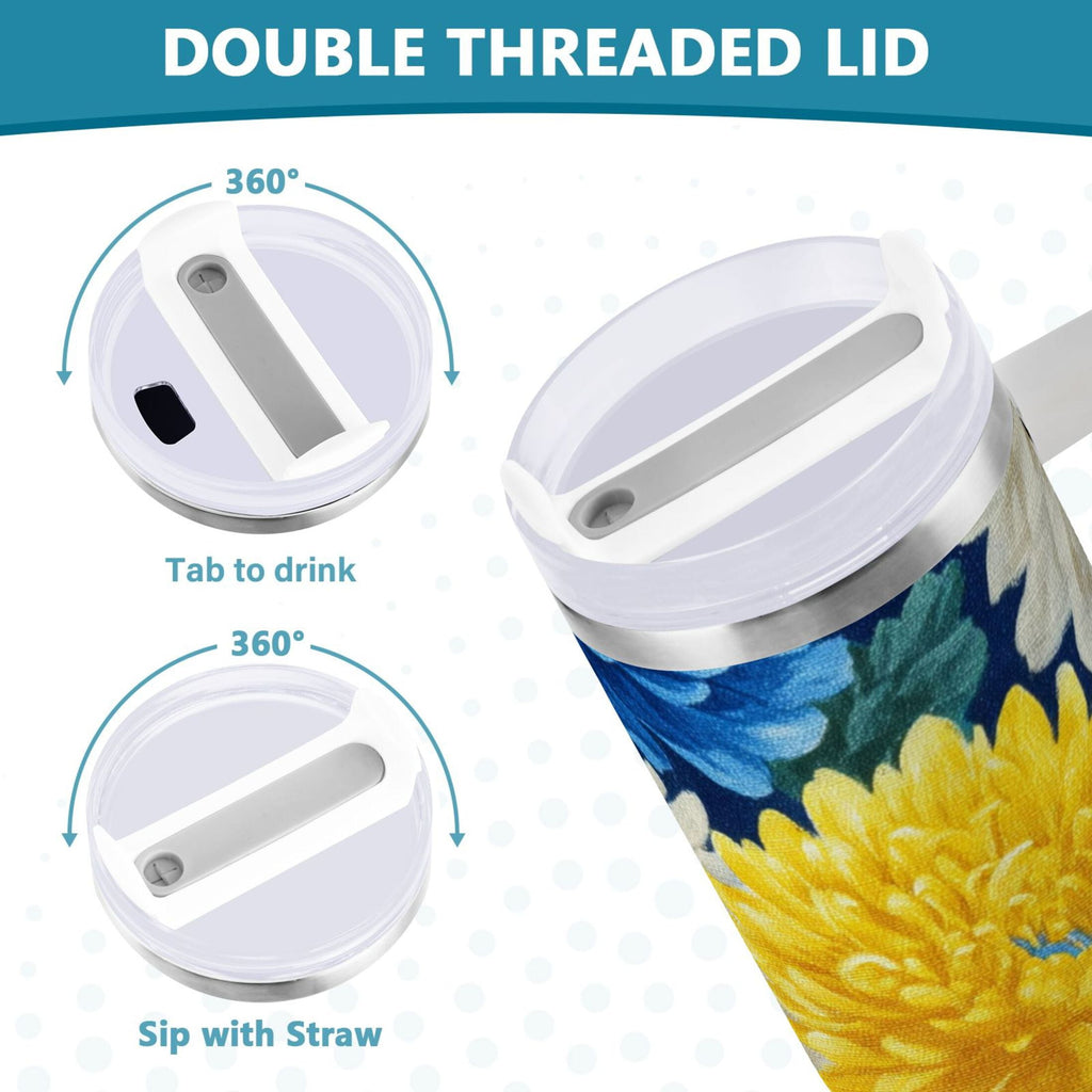 30 oz Insulated Stainless Steel Tumbler Double Wall Stainless Steel Tumbler with 2-Way Drinking Yellow and White Chrysanthemum C469Z