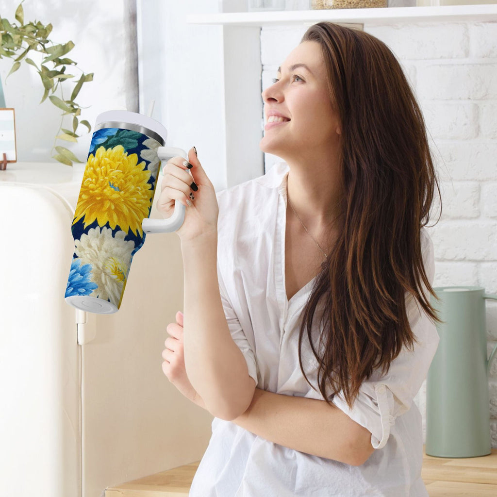 30 oz Insulated Stainless Steel Tumbler Double Wall Stainless Steel Tumbler with 2-Way Drinking Yellow and White Chrysanthemum C469Z