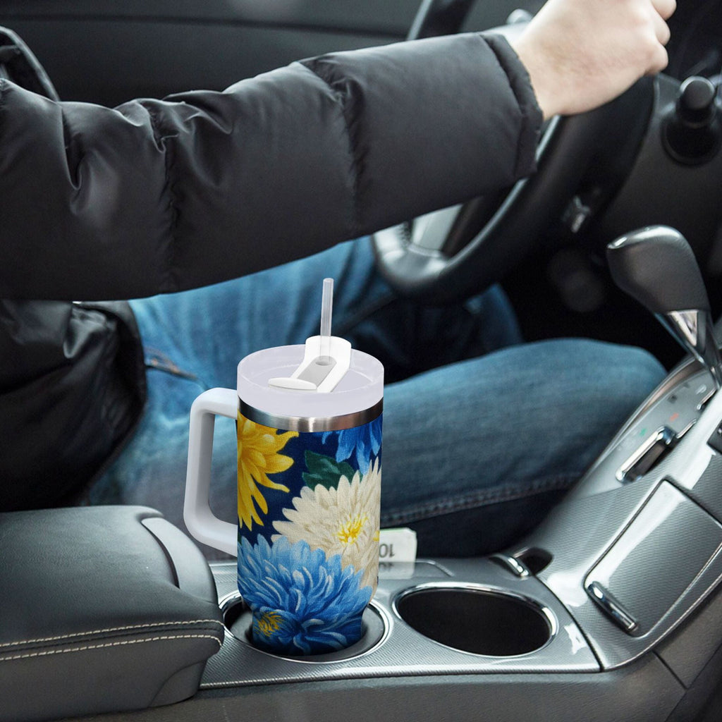 30 oz Insulated Stainless Steel Tumbler Double Wall Stainless Steel Tumbler with 2-Way Drinking Yellow and White Chrysanthemum C469Z