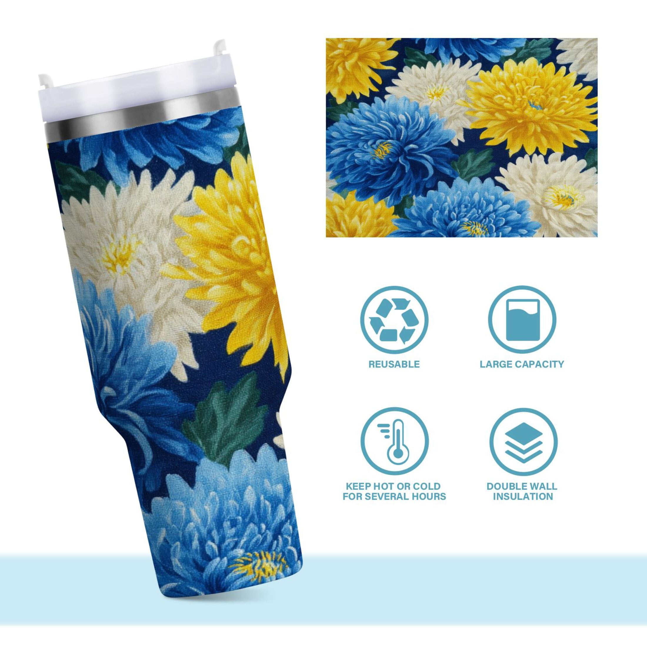 30 oz Insulated Stainless Steel Tumbler Double Wall Stainless Steel Tumbler with 2-Way Drinking Yellow and White Chrysanthemum C469Z