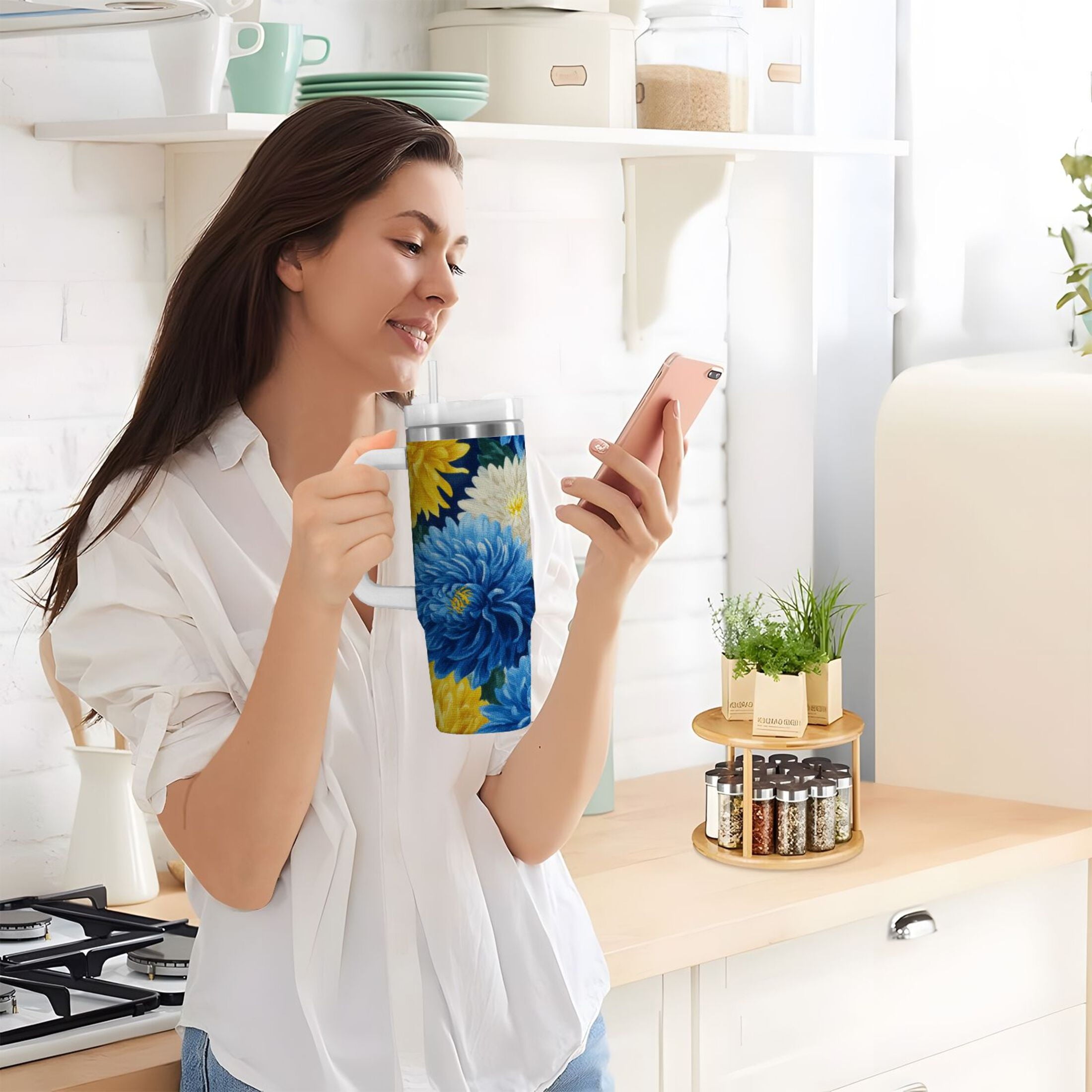 30 oz Insulated Stainless Steel Tumbler Double Wall Stainless Steel Tumbler with 2-Way Drinking Yellow and White Chrysanthemum C469Z
