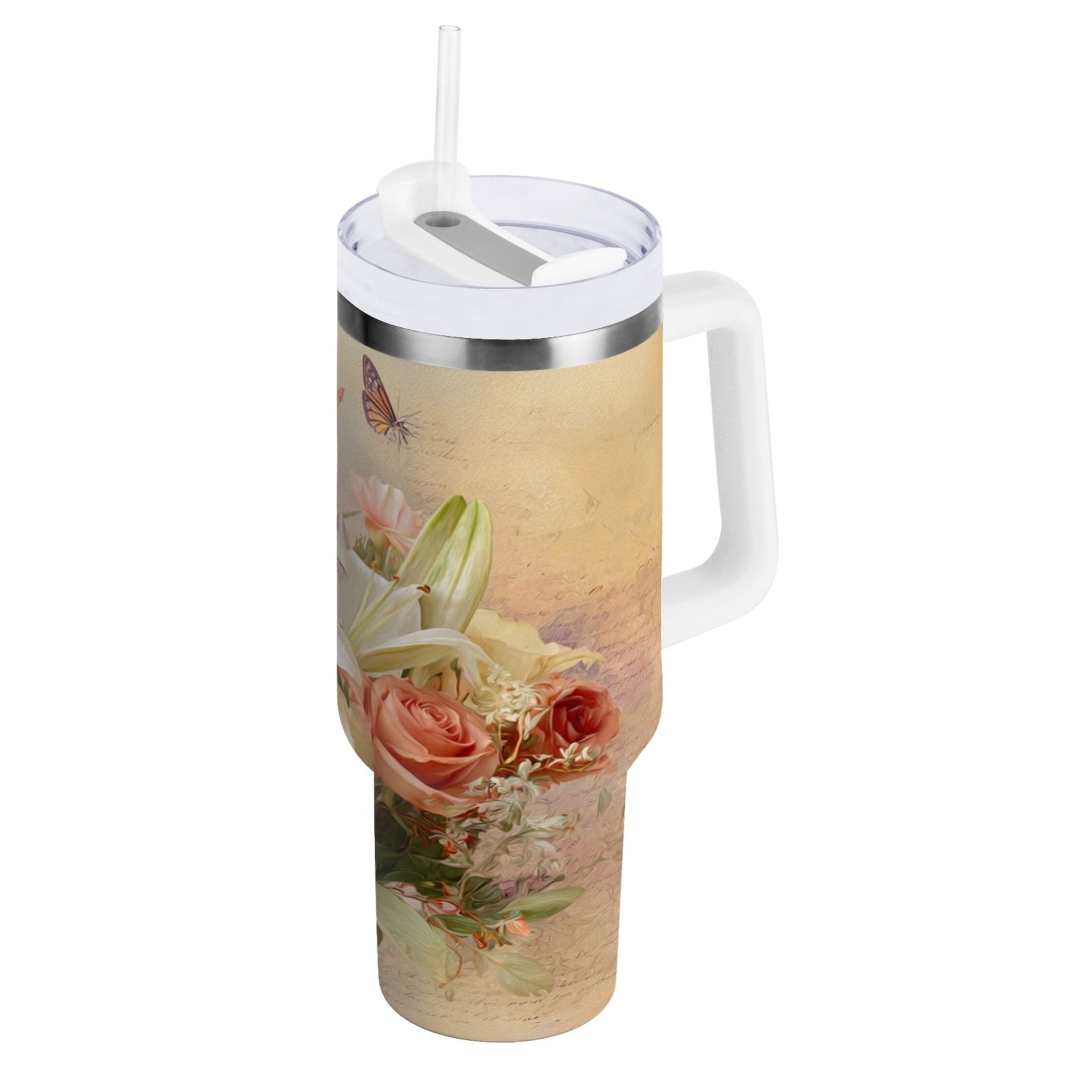 30 oz Insulated Stainless Steel Tumbler Double Wall Stainless Steel Tumbler with 2-Way Drinking Beautiful Floral Bouquet C477T