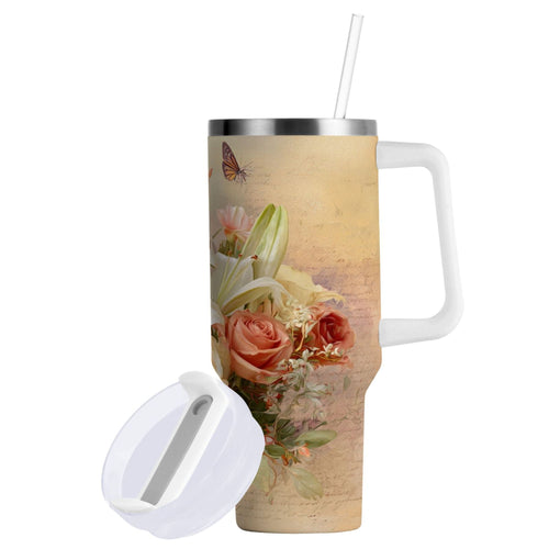 30 oz Insulated Stainless Steel Tumbler Double Wall Stainless Steel Tumbler with 2-Way Drinking Beautiful Floral Bouquet C477T