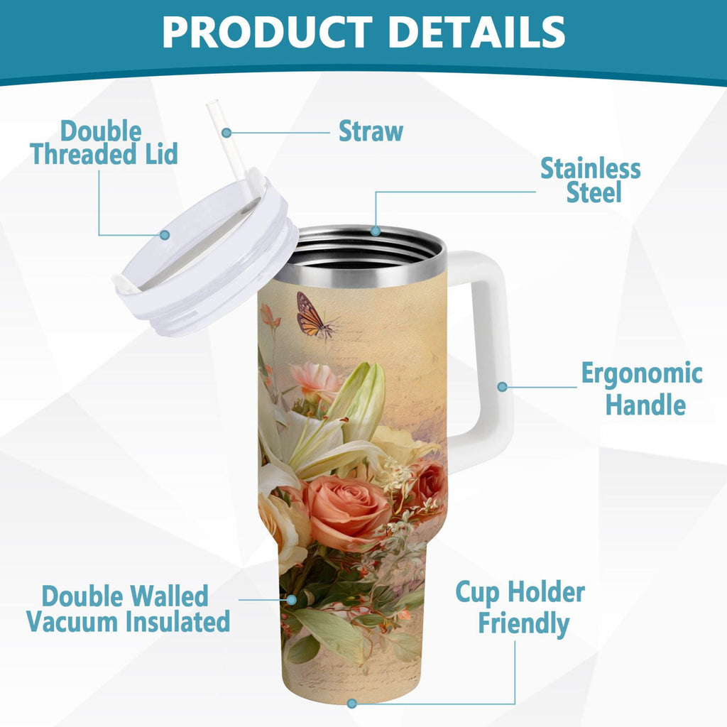 30 oz Insulated Stainless Steel Tumbler Double Wall Stainless Steel Tumbler with 2-Way Drinking Beautiful Floral Bouquet C477T