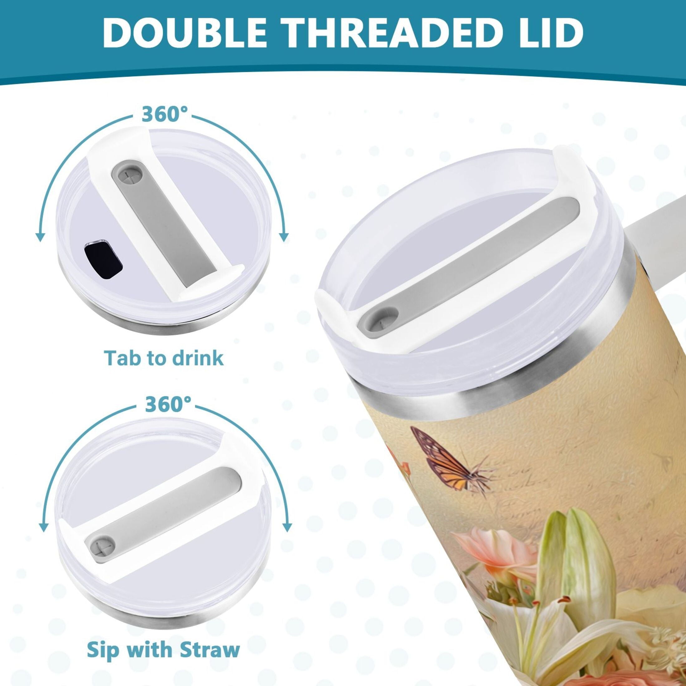 30 oz Insulated Stainless Steel Tumbler Double Wall Stainless Steel Tumbler with 2-Way Drinking Beautiful Floral Bouquet C477T