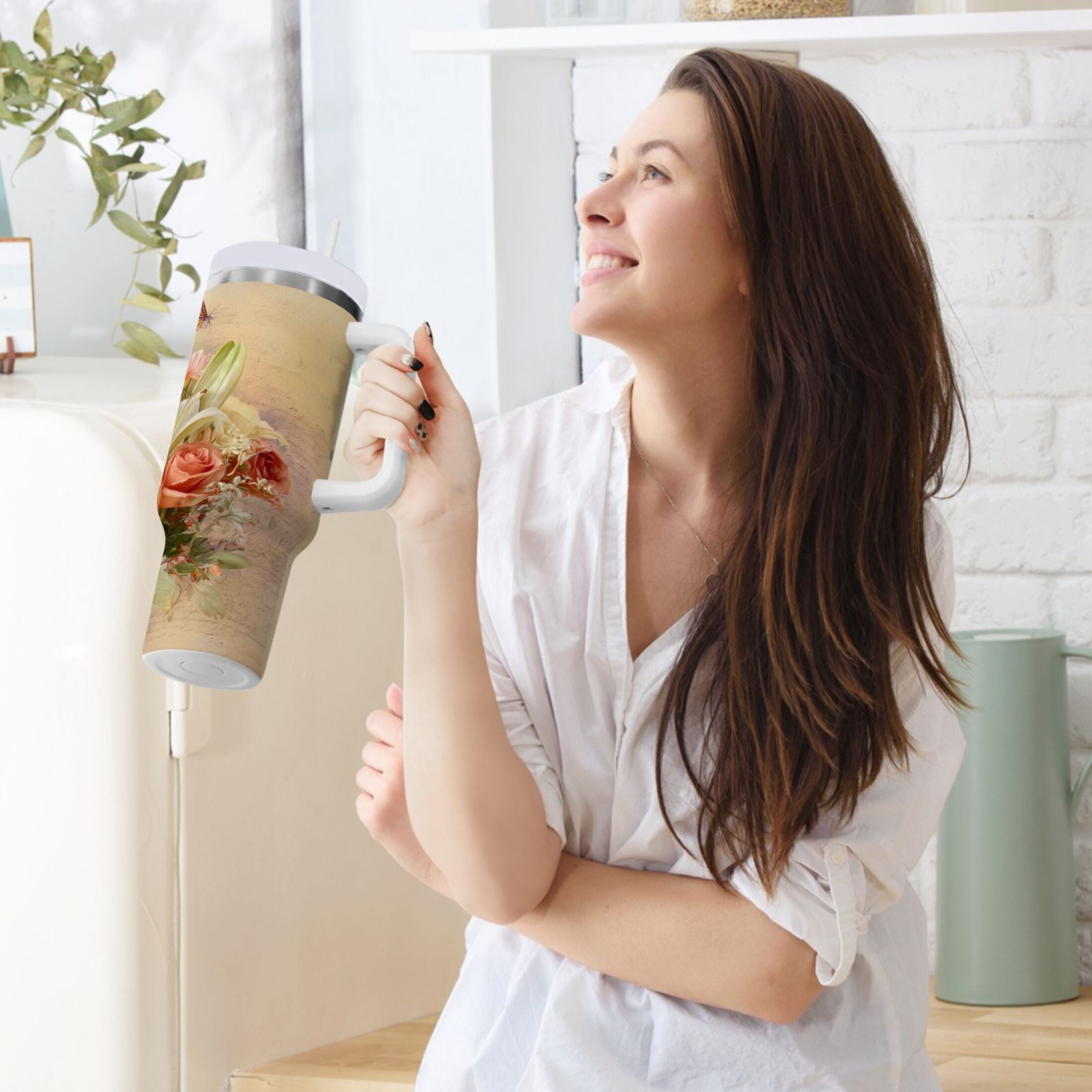 30 oz Insulated Stainless Steel Tumbler Double Wall Stainless Steel Tumbler with 2-Way Drinking Beautiful Floral Bouquet C477T