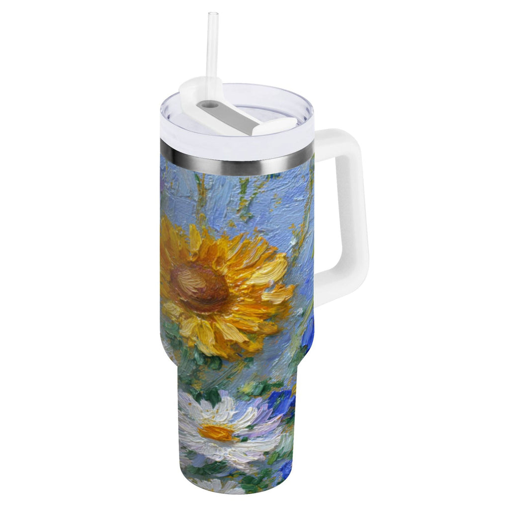 40 oz Insulated Stainless Steel Tumbler Double Wall Stainless Steel Tumbler with 2-Way Drinking Sunflowers and Daisies C464U