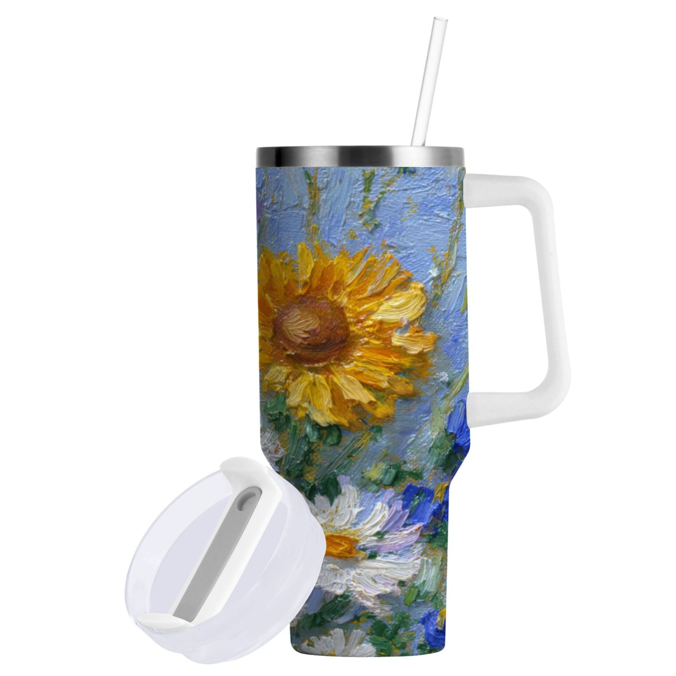 40 oz Insulated Stainless Steel Tumbler Double Wall Stainless Steel Tumbler with 2-Way Drinking Sunflowers and Daisies C464U
