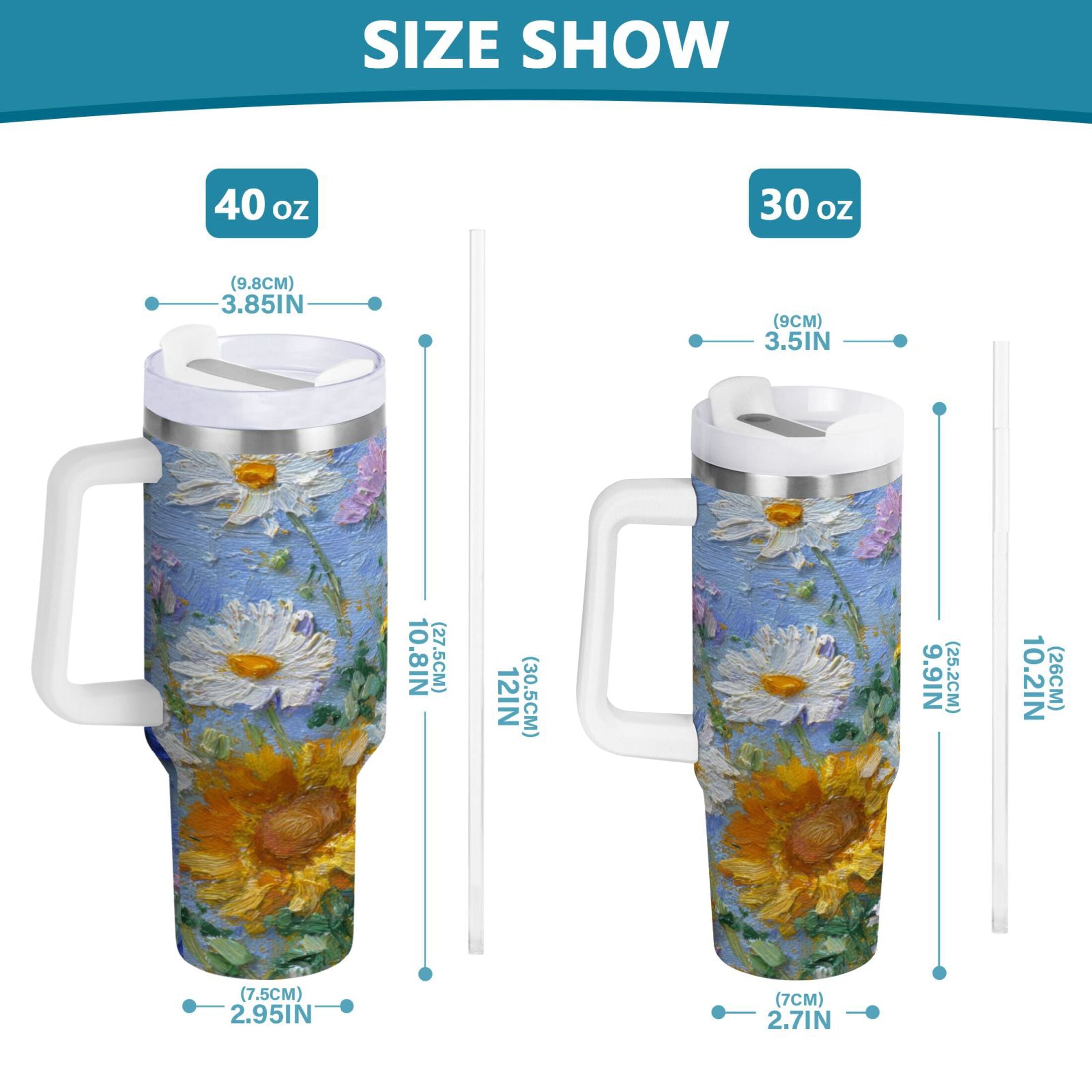 40 oz Insulated Stainless Steel Tumbler Double Wall Stainless Steel Tumbler with 2-Way Drinking Sunflowers and Daisies C464U