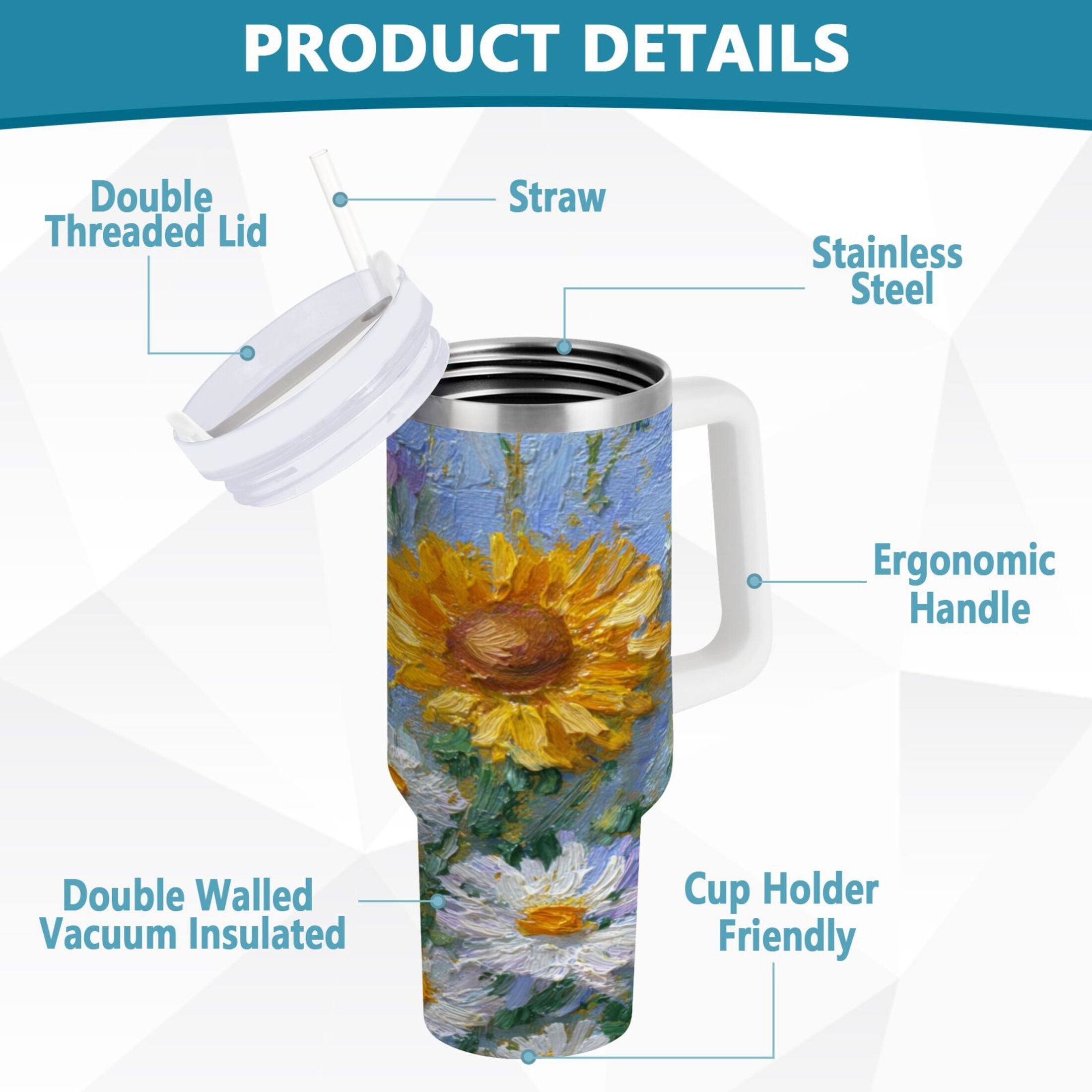 40 oz Insulated Stainless Steel Tumbler Double Wall Stainless Steel Tumbler with 2-Way Drinking Sunflowers and Daisies C464U