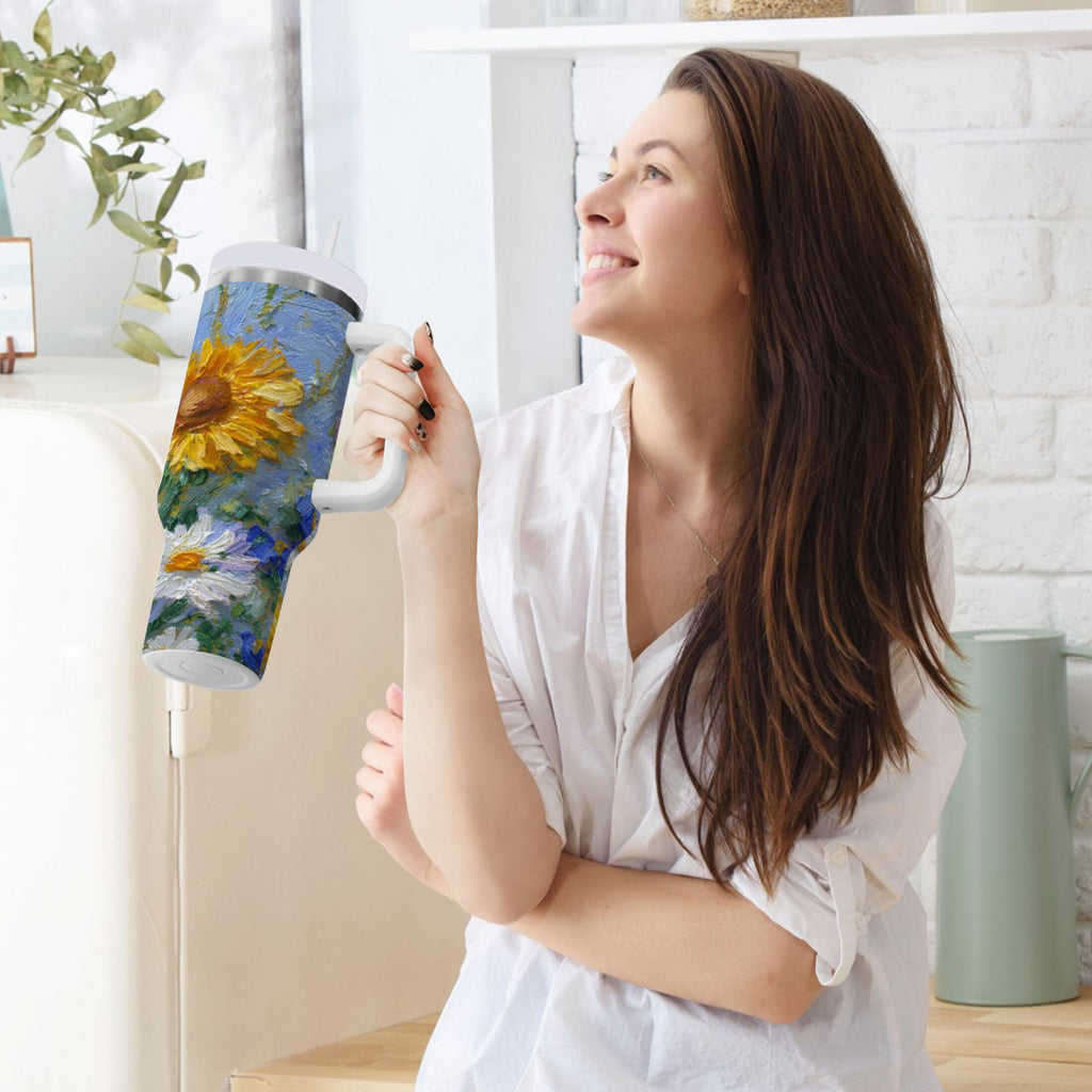40 oz Insulated Stainless Steel Tumbler Double Wall Stainless Steel Tumbler with 2-Way Drinking Sunflowers and Daisies C464U