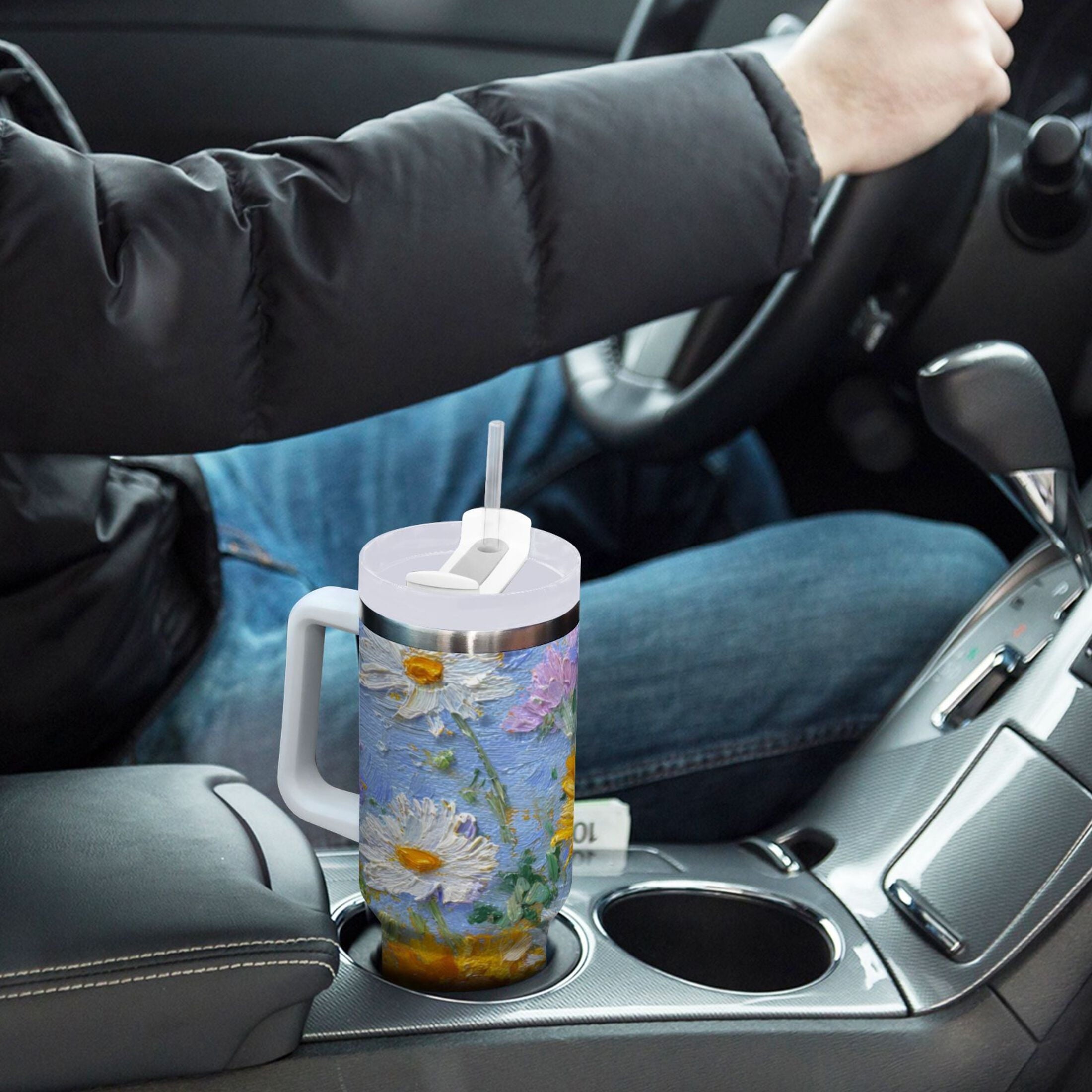 40 oz Insulated Stainless Steel Tumbler Double Wall Stainless Steel Tumbler with 2-Way Drinking Sunflowers and Daisies C464U