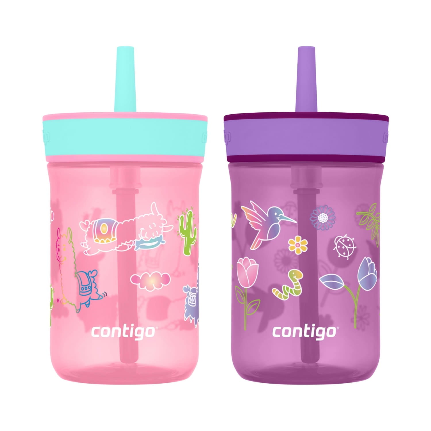 Contigo Kids Leighton Spill-Proof Tumbler with Straw, Ages 3+, Pink and Purple, 14 oz, 2 Pack C109B