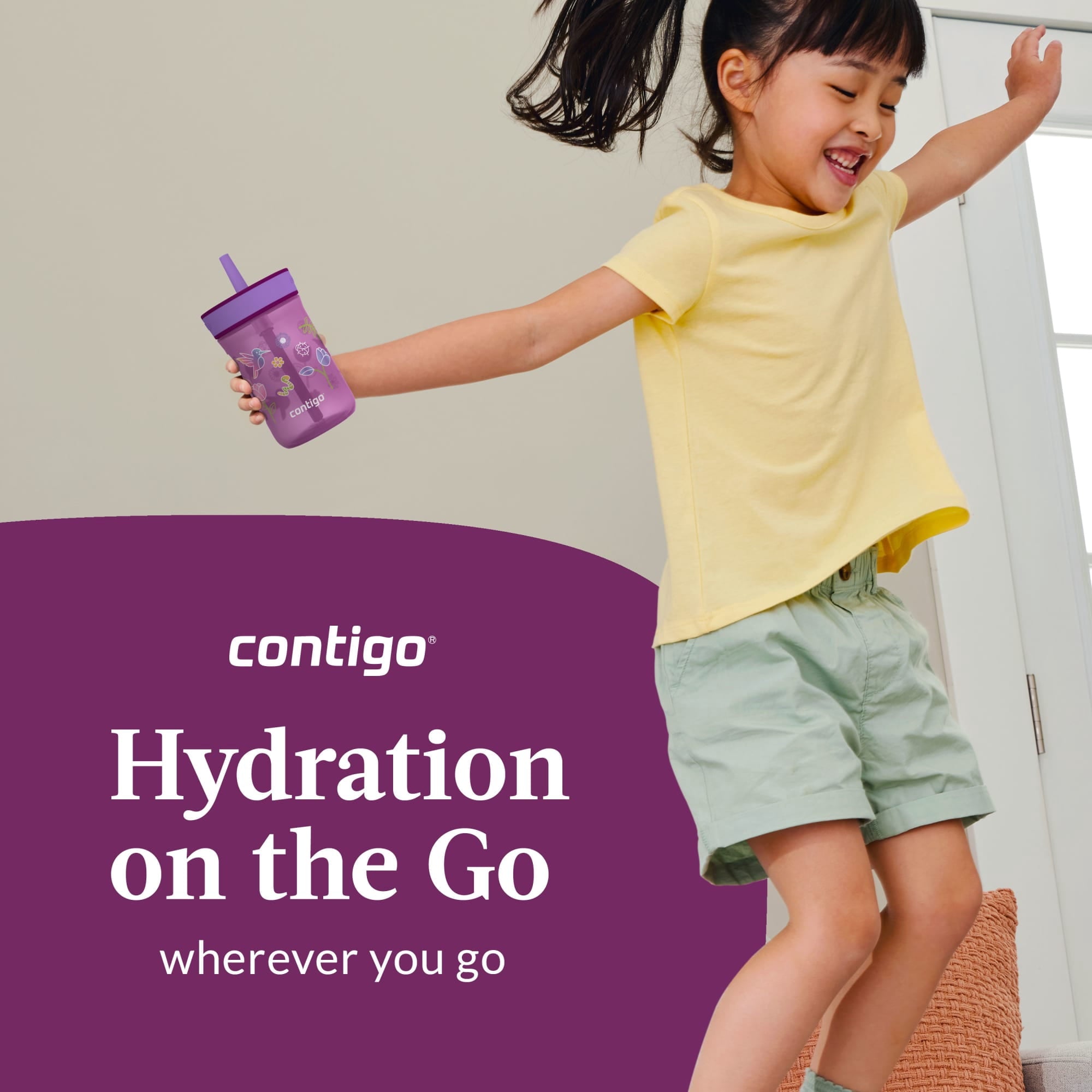Contigo Kids Leighton Spill-Proof Tumbler with Straw, Ages 3+, Pink and Purple, 14 oz, 2 Pack C109B